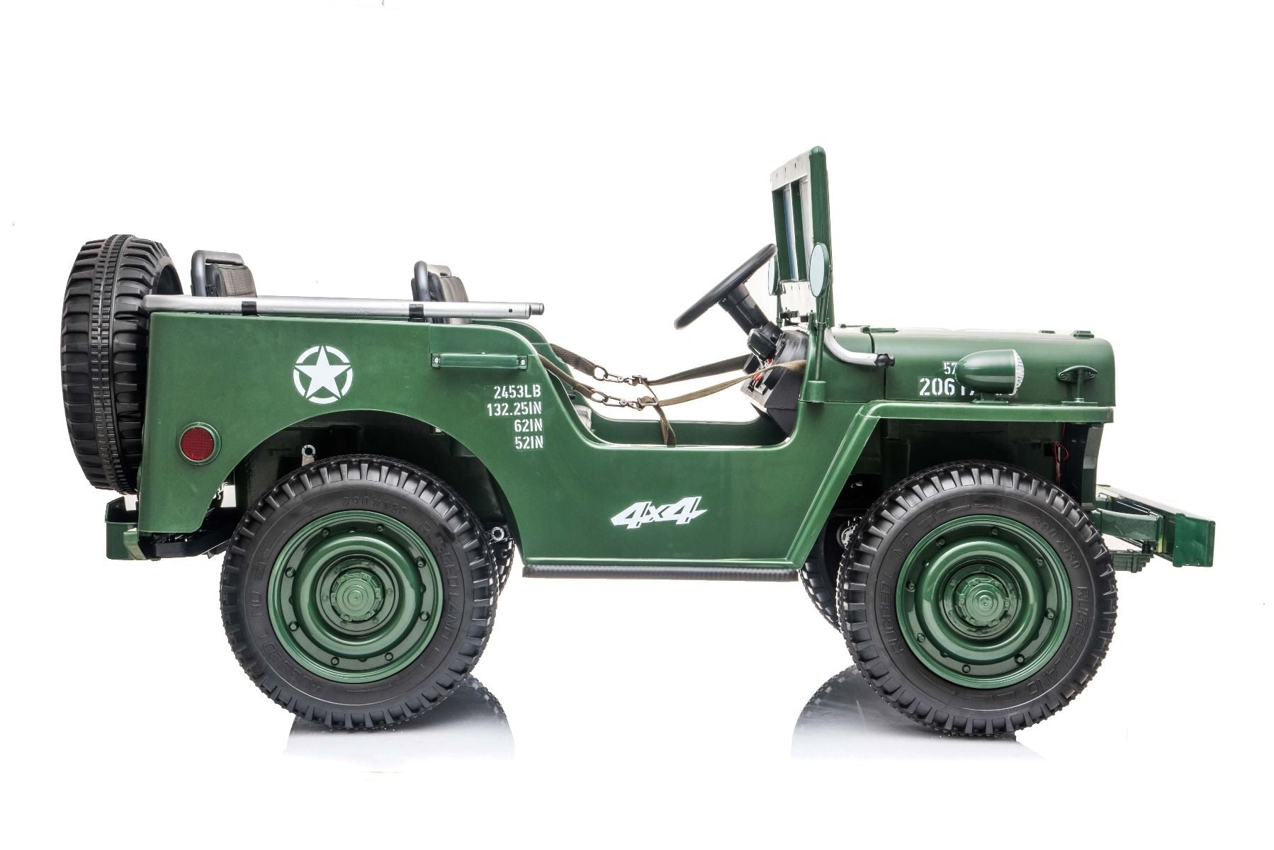 Voiture électrique enfant USA ARMY 4X4, Verte Trois places, Lecteur MP3 avec entrée USB / SD, Suspension intégrale, Éclairage LED, Pare-brise rabattable, Batterie 12V14AH, Roues EVA, Sièges en similicuir, Télécommande 2,4 GHz, 4 x 4 lecteur