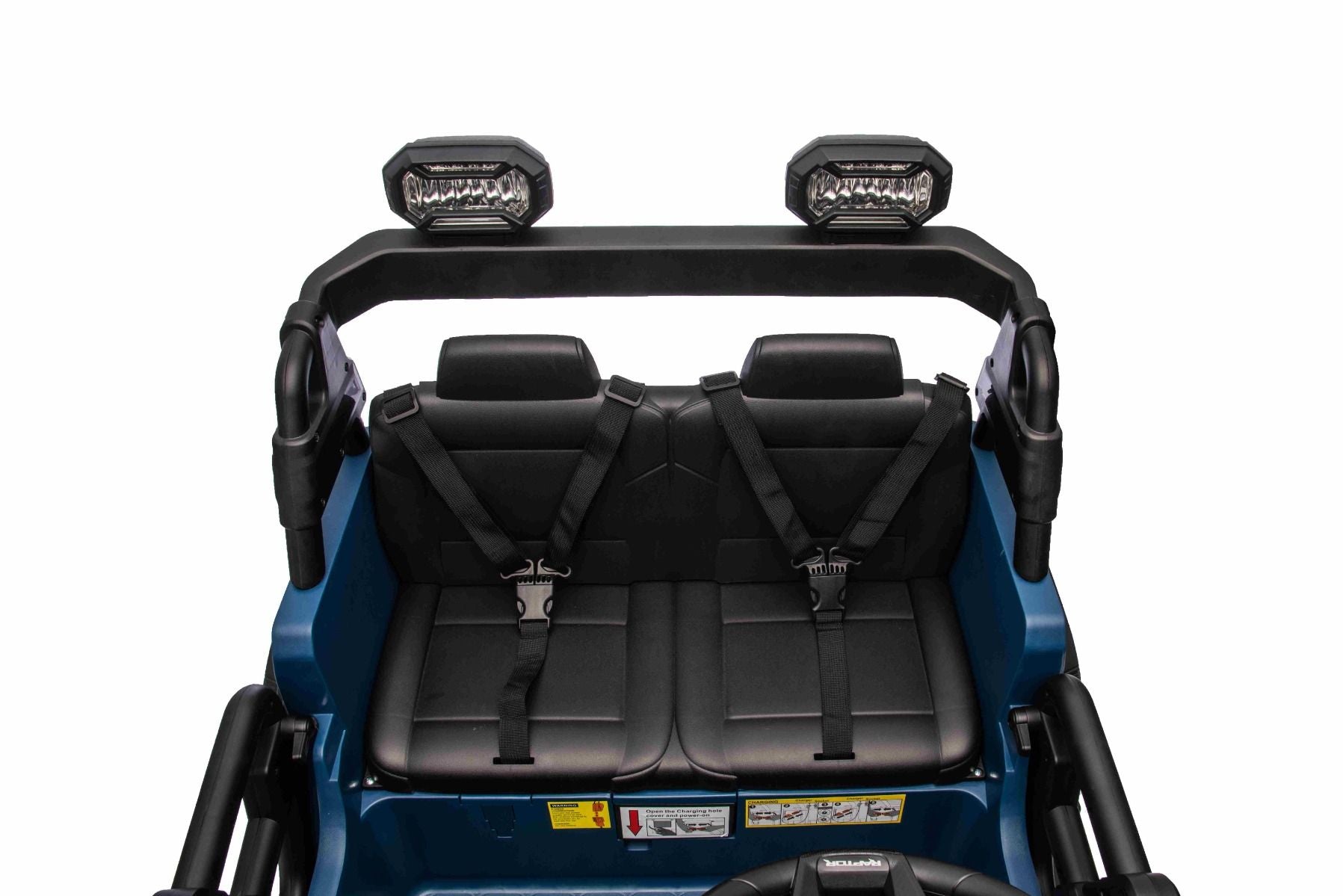 Voiture électrique pour enfants Ford Bronco XL avec propulsion arrière, sous licence (deux places), bleue, batterie au lithium, suspension haute, deux sièges, essieu arrière suspendu, télécommande 2,4 GHz, lecteur MP3 avec entrée USB, lumières LED