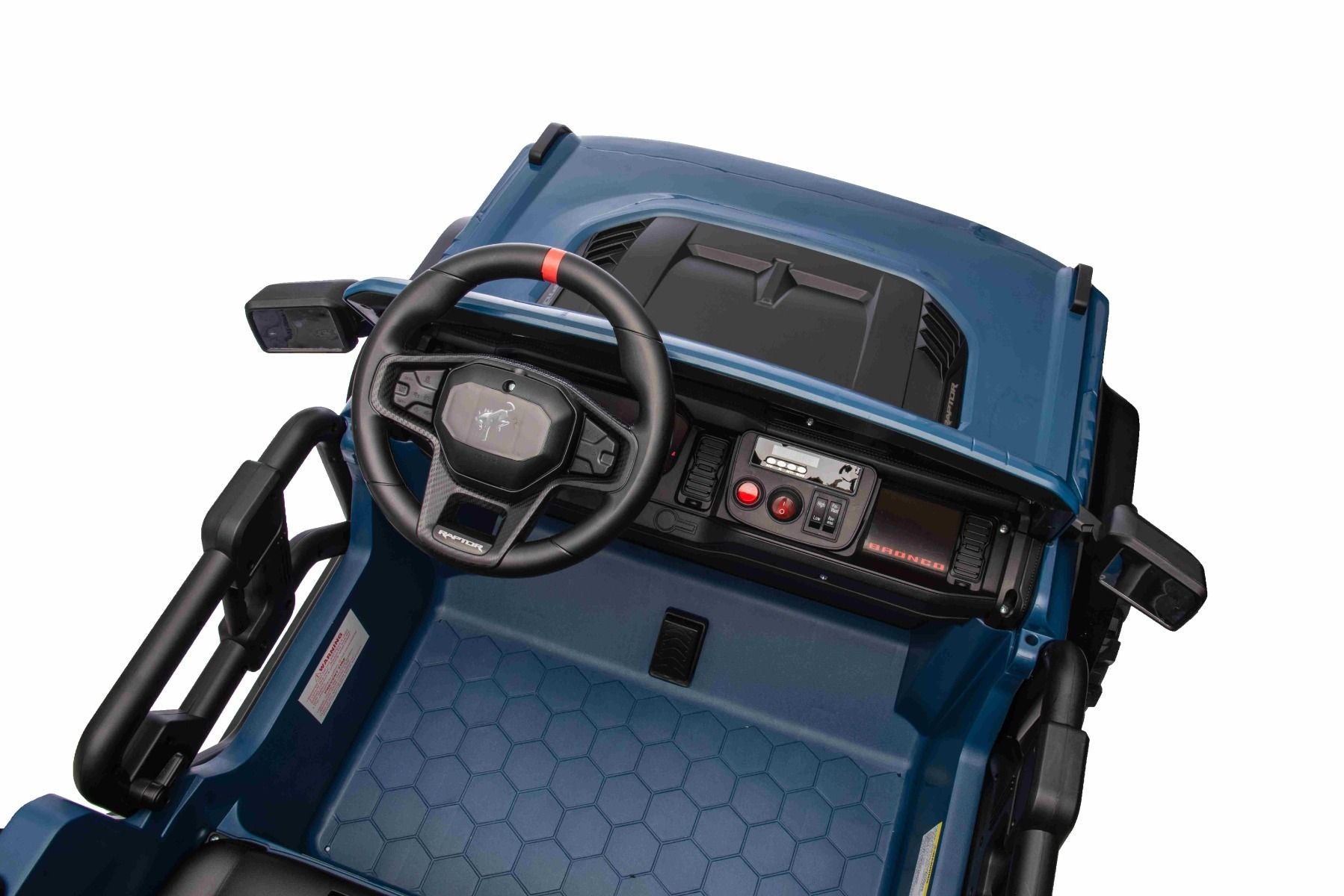 Voiture électrique pour enfants Ford Bronco XL avec propulsion arrière, sous licence (deux places), bleue, batterie au lithium, suspension haute, deux sièges, essieu arrière suspendu, télécommande 2,4 GHz, lecteur MP3 avec entrée USB, lumières LED