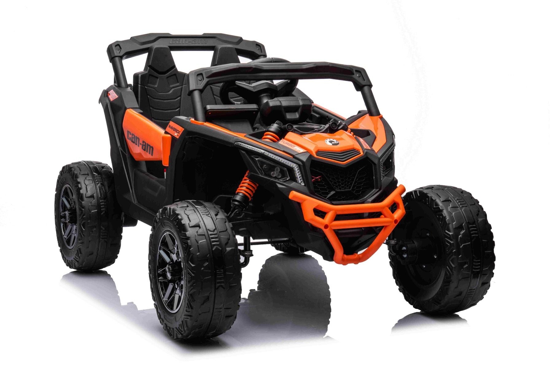 Voiture électrique à conducteur porté Can-am Maverick Monoplace avec entraînement 4X4, Orange, Suspension indépendante, Télécommande 2,4 Ghz, Moteurs 4 x 35W, Roues EVA, Siège en cuir, Lecteur MP3 avec entrée USB/AUX, Sous licence