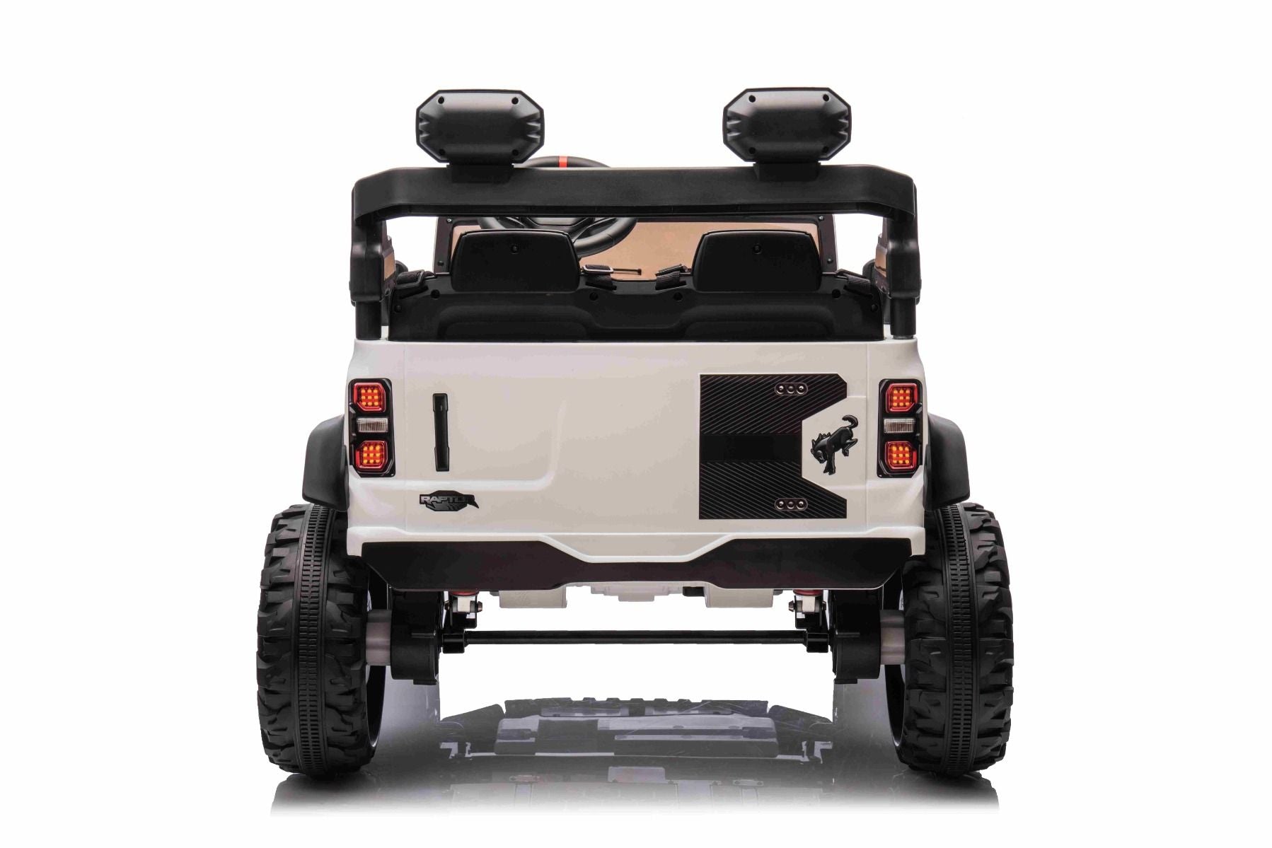 Voiture électrique pour enfants Ford Bronco XL avec propulsion arrière, sous licence (deux places), blanche, batterie au lithium, suspension haute, deux sièges, essieu arrière suspendu, télécommande 2,4 GHz, lecteur MP3 avec entrée USB, lumières LED