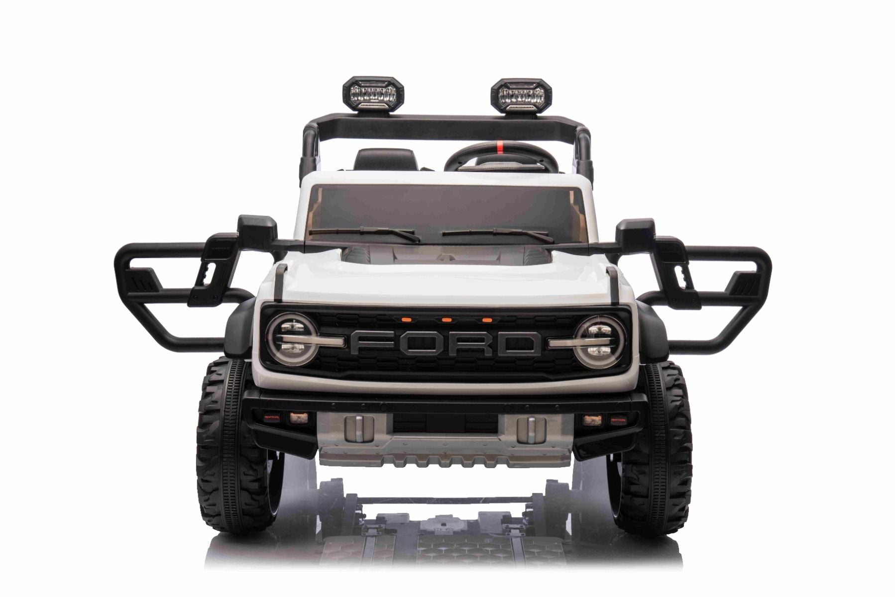 Voiture électrique pour enfants Ford Bronco XL avec propulsion arrière, sous licence (deux places), blanche, batterie au lithium, suspension haute, deux sièges, essieu arrière suspendu, télécommande 2,4 GHz, lecteur MP3 avec entrée USB, lumières LED