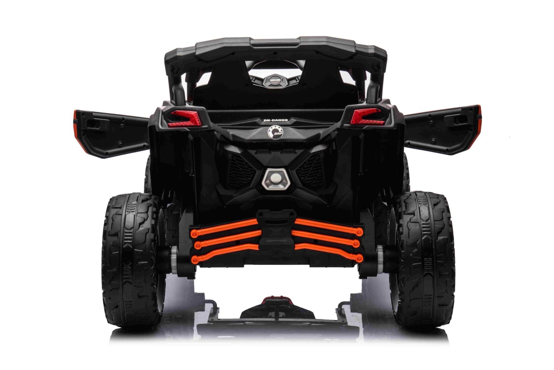 Voiture électrique à conducteur porté Can-am Maverick Monoplace avec entraînement 4X4, Orange, Suspension indépendante, Télécommande 2,4 Ghz, Moteurs 4 x 35W, Roues EVA, Siège en cuir, Lecteur MP3 avec entrée USB/AUX, Sous licence