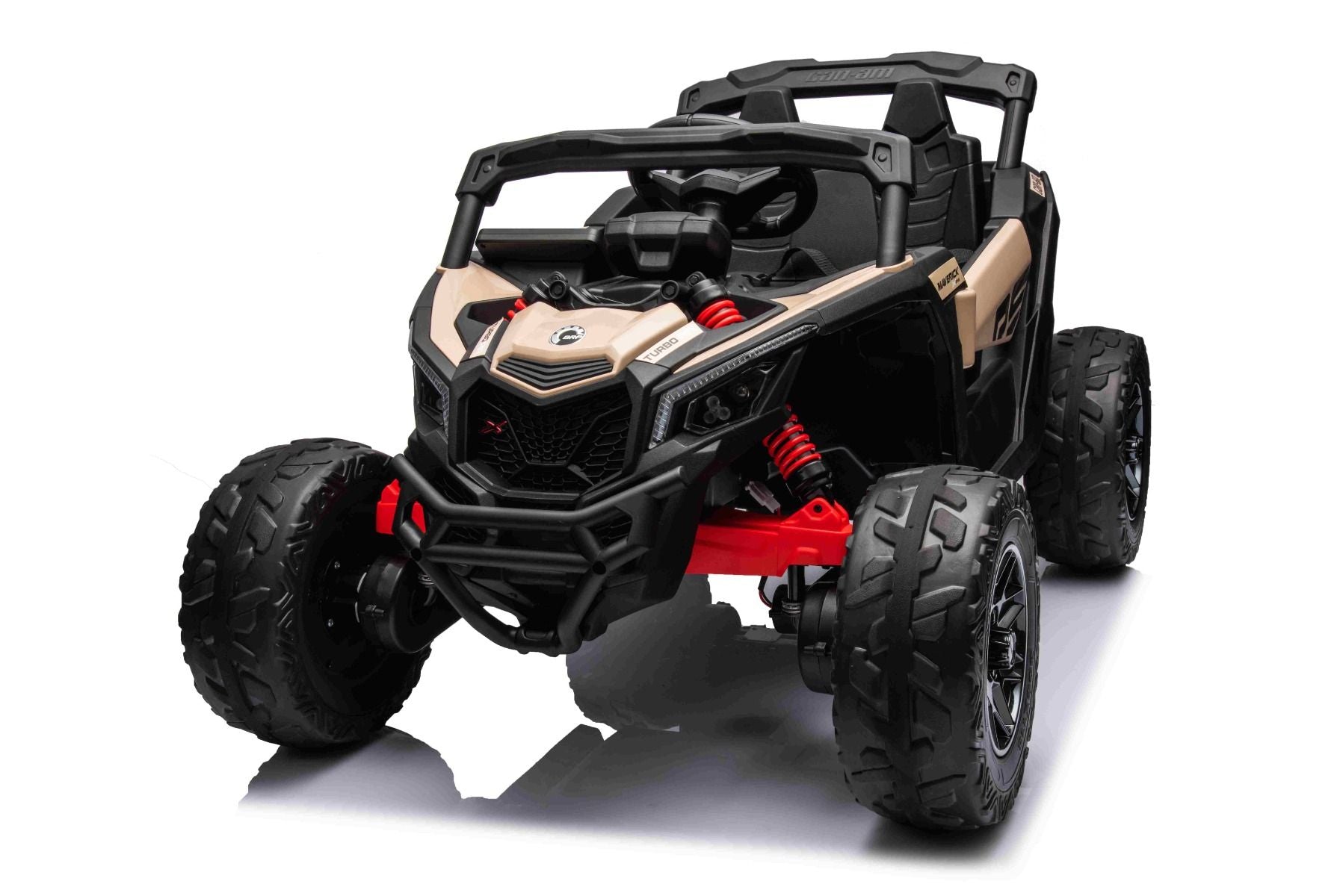 Voiture électrique à conducteur porté Can-am Maverick Monoplace avec entraînement 4X4, Noir, Suspension indépendante, Télécommande 2,4 Ghz, Moteurs 4 x 35W, Roues EVA, Siège en cuir, Lecteur MP3 avec entrée USB/AUX, Sous licence