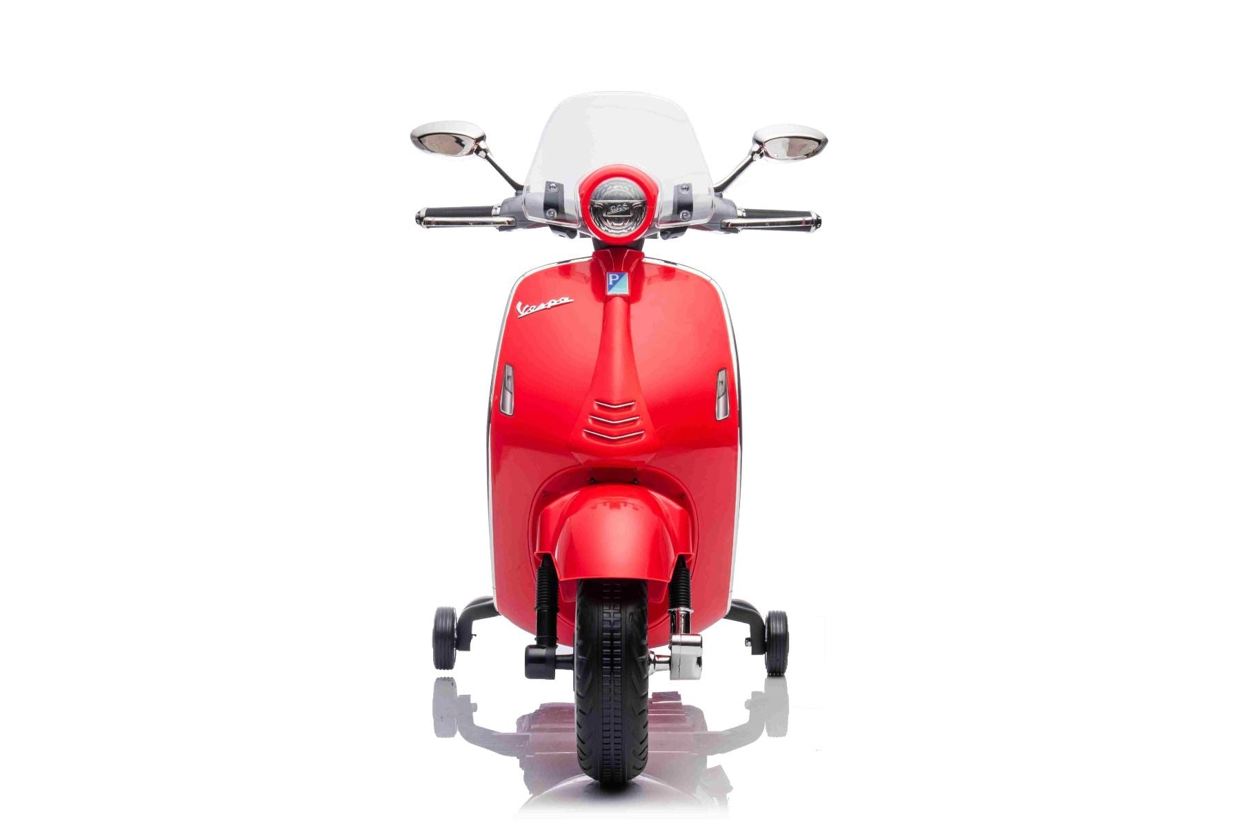 Scooter électrique porteur Vespa 946 avec marche arrière, rouge, Autorisé, roues auxiliaires, Batterie au lithium, 2x Moteurs 30W, Siège en cuir, Lecteur MP3 avec entrée USB