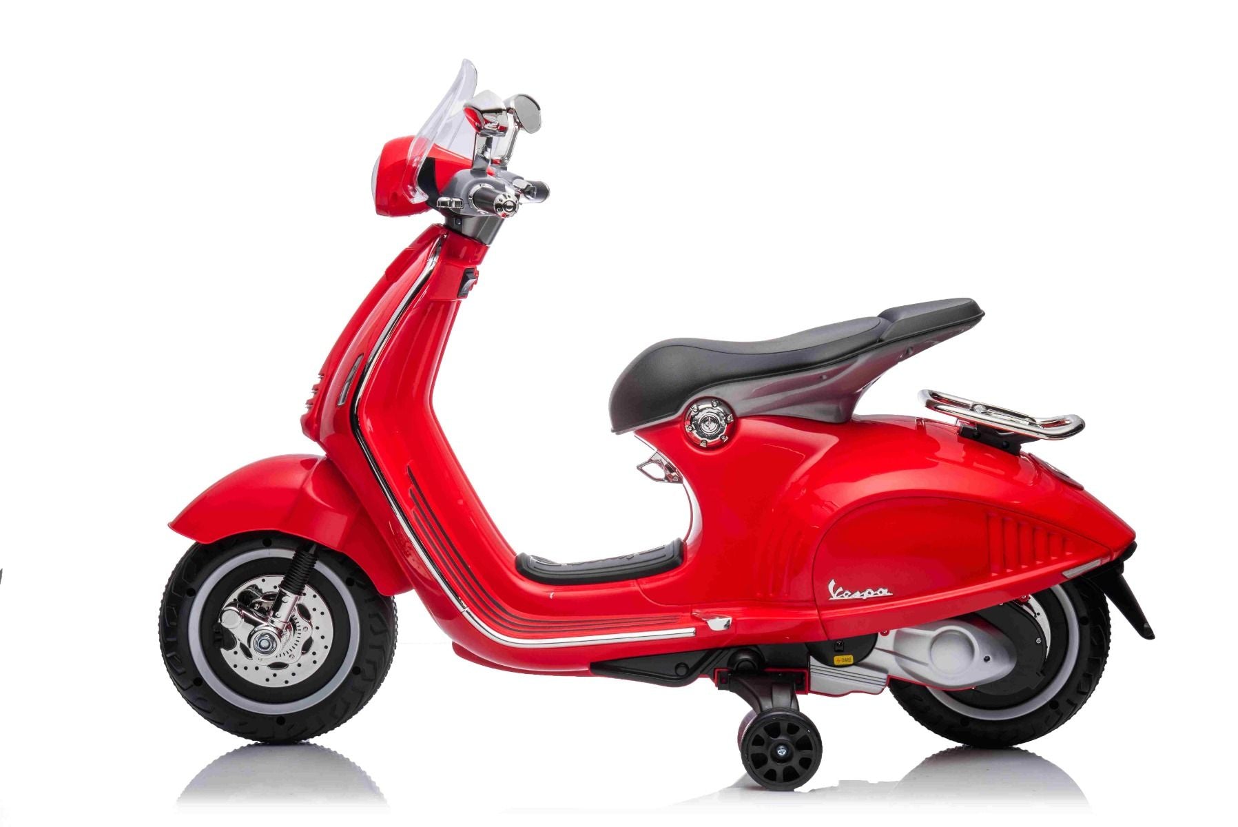 Scooter électrique porteur Vespa 946 avec marche arrière, rouge, Autorisé, roues auxiliaires, Batterie au lithium, 2x Moteurs 30W, Siège en cuir, Lecteur MP3 avec entrée USB