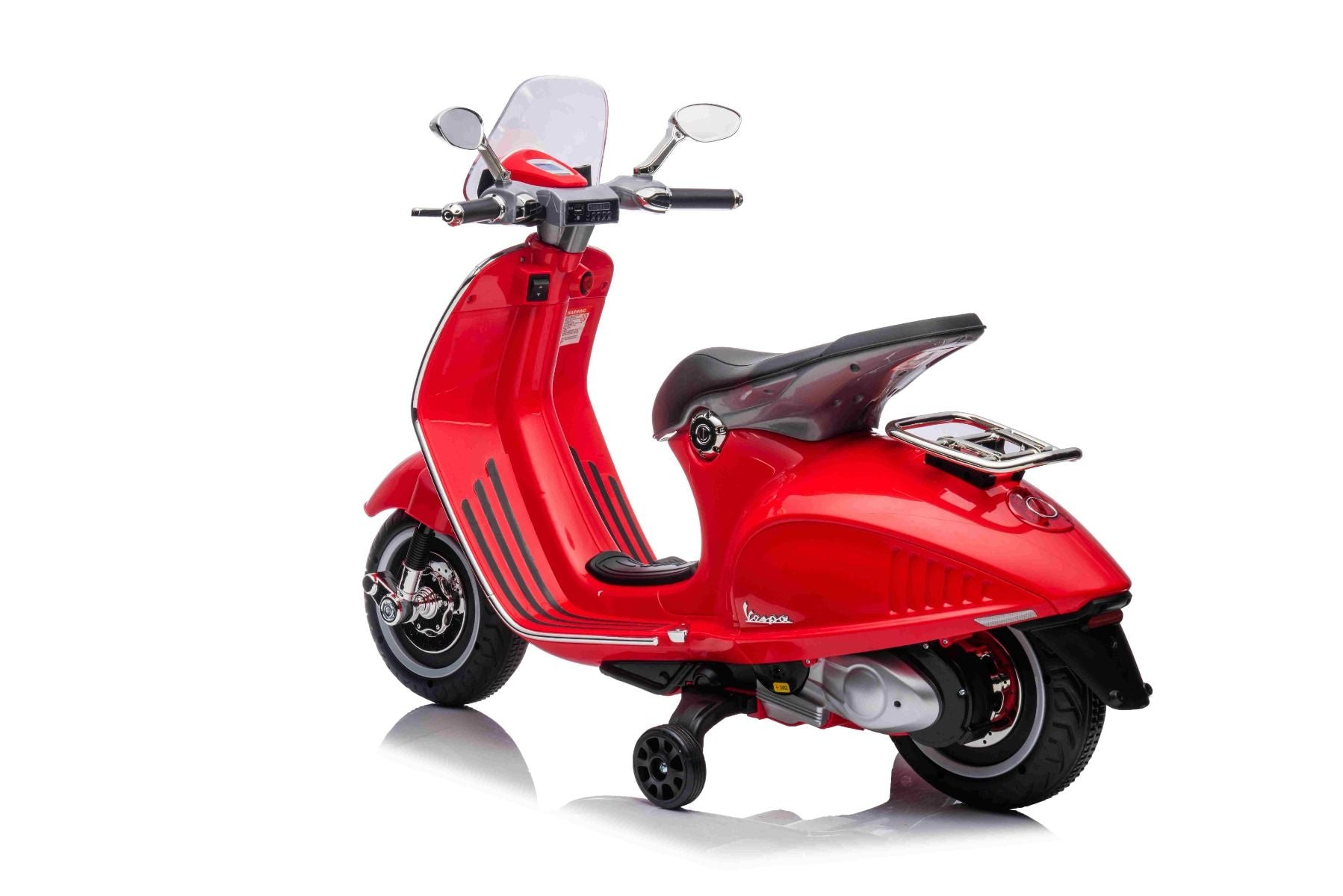 Scooter électrique porteur Vespa 946 avec marche arrière, rouge, Autorisé, roues auxiliaires, Batterie au lithium, 2x Moteurs 30W, Siège en cuir, Lecteur MP3 avec entrée USB