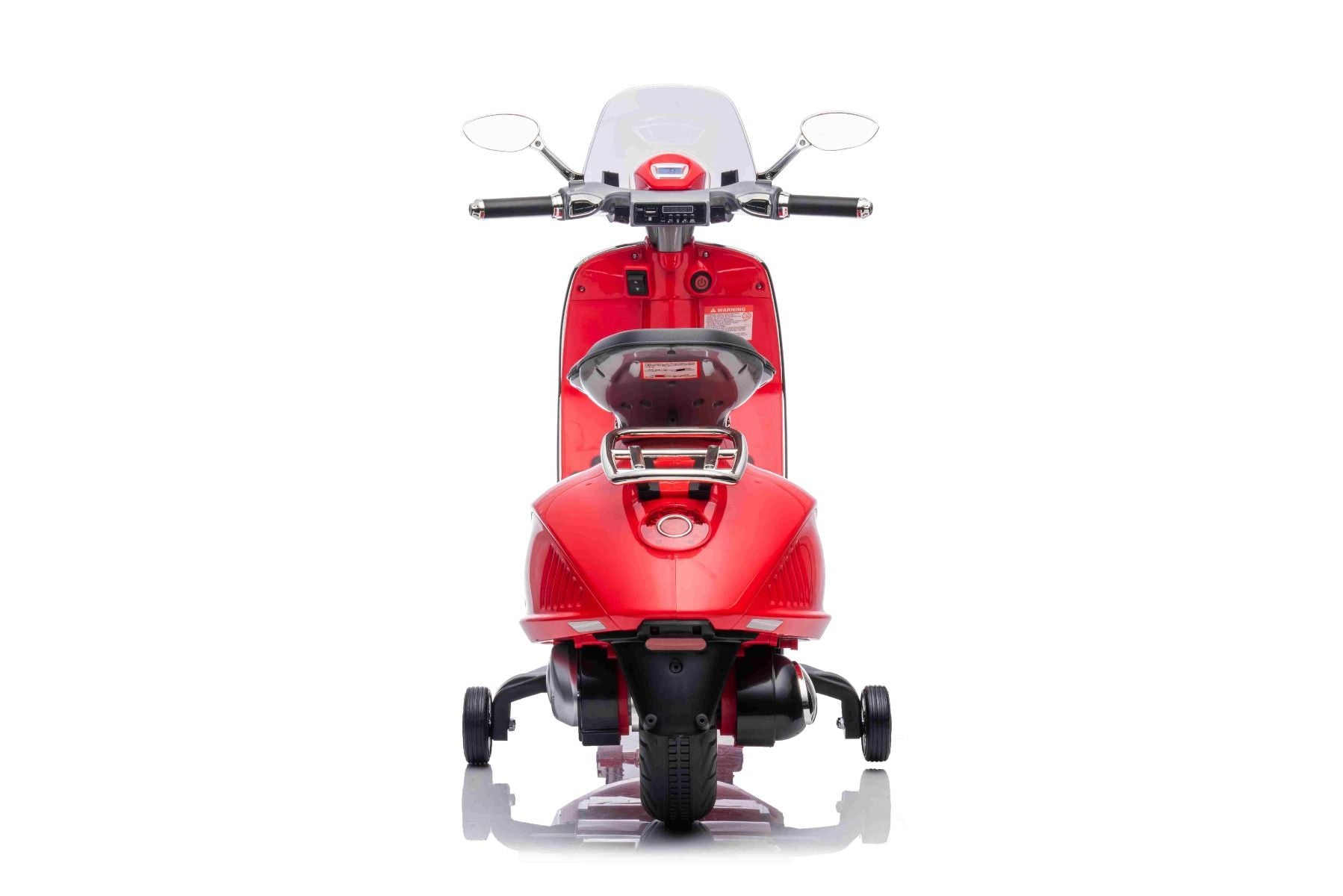 Scooter électrique porteur Vespa 946 avec marche arrière, rouge, Autorisé, roues auxiliaires, Batterie au lithium, 2x Moteurs 30W, Siège en cuir, Lecteur MP3 avec entrée USB