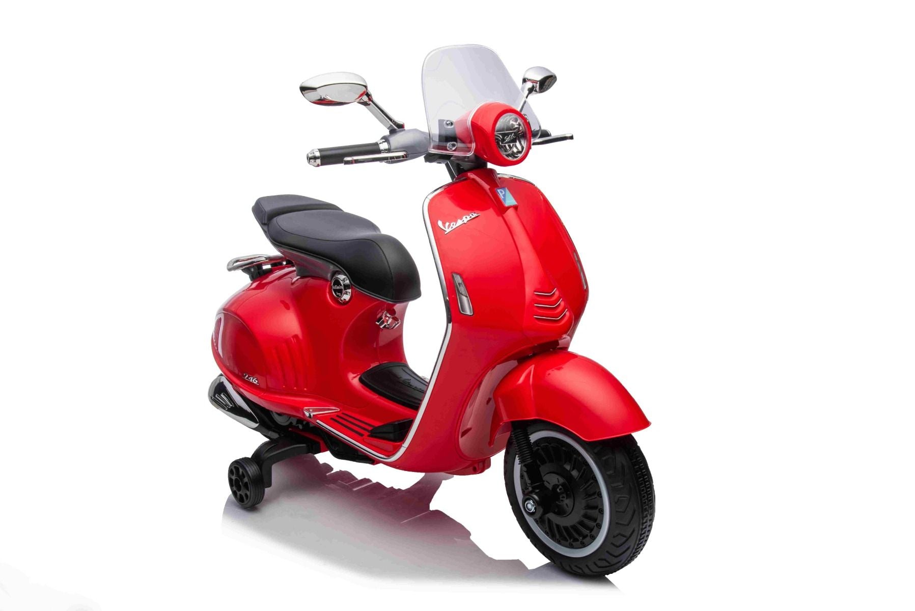 Scooter électrique porteur Vespa 946 avec marche arrière, rouge, Autorisé, roues auxiliaires, Batterie au lithium, 2x Moteurs 30W, Siège en cuir, Lecteur MP3 avec entrée USB