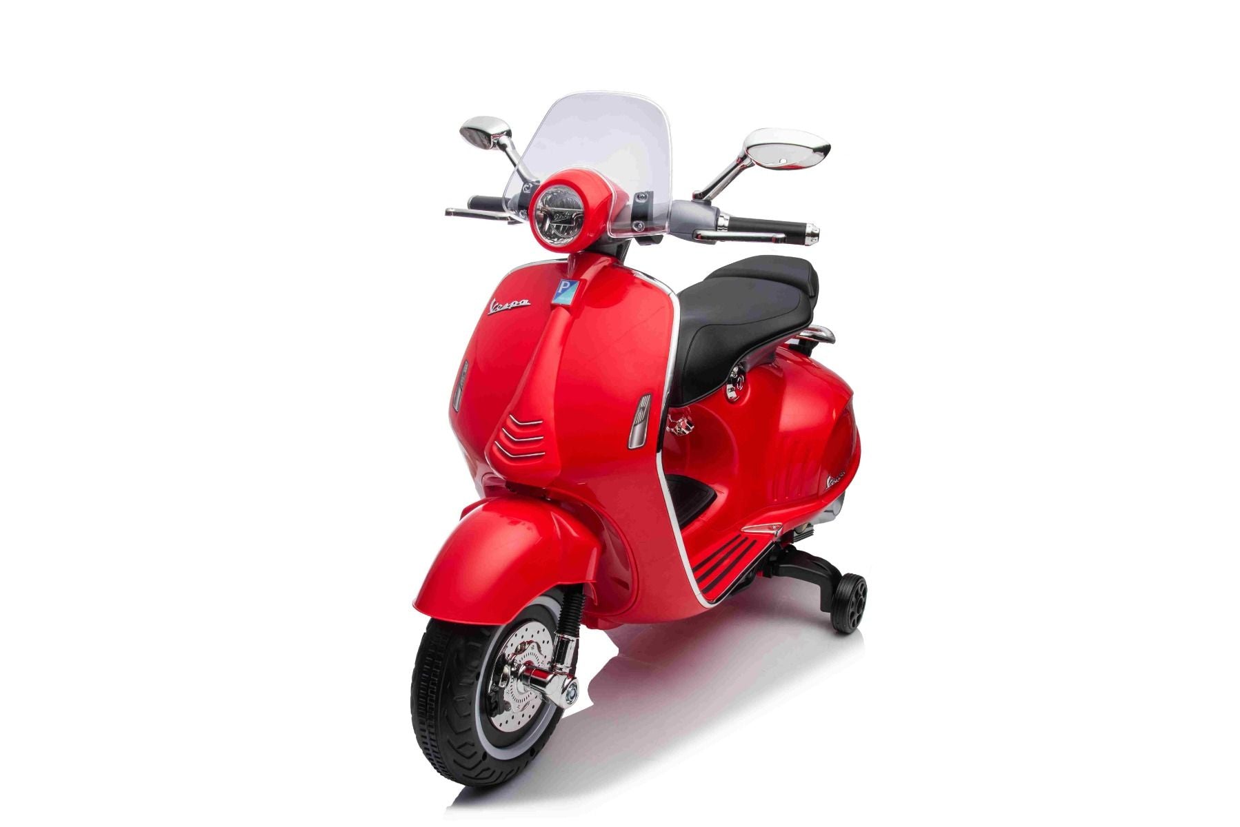 Scooter électrique porteur Vespa 946 avec marche arrière, rouge, Autorisé, roues auxiliaires, Batterie au lithium, 2x Moteurs 30W, Siège en cuir, Lecteur MP3 avec entrée USB