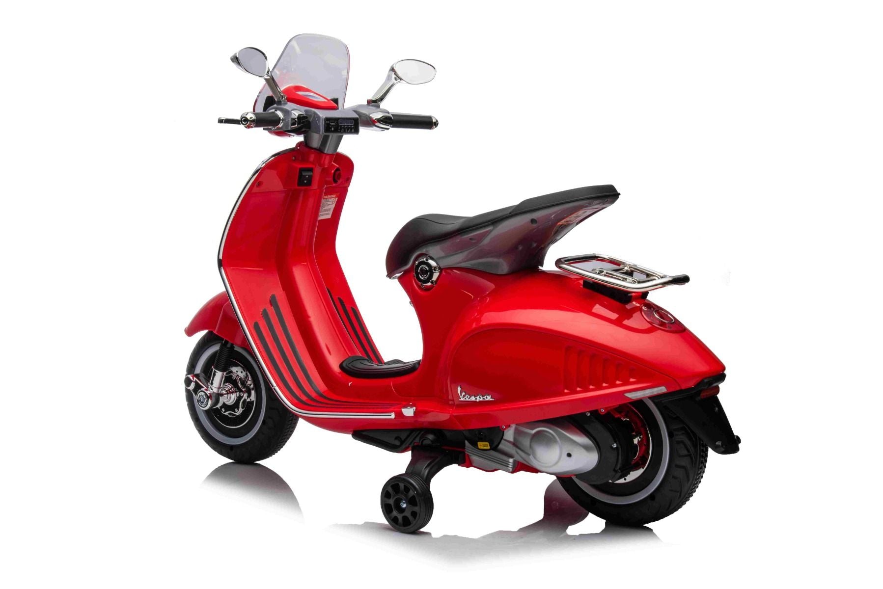 Scooter électrique porteur Vespa 946 avec marche arrière, rouge, Autorisé, roues auxiliaires, Batterie au lithium, 2x Moteurs 30W, Siège en cuir, Lecteur MP3 avec entrée USB