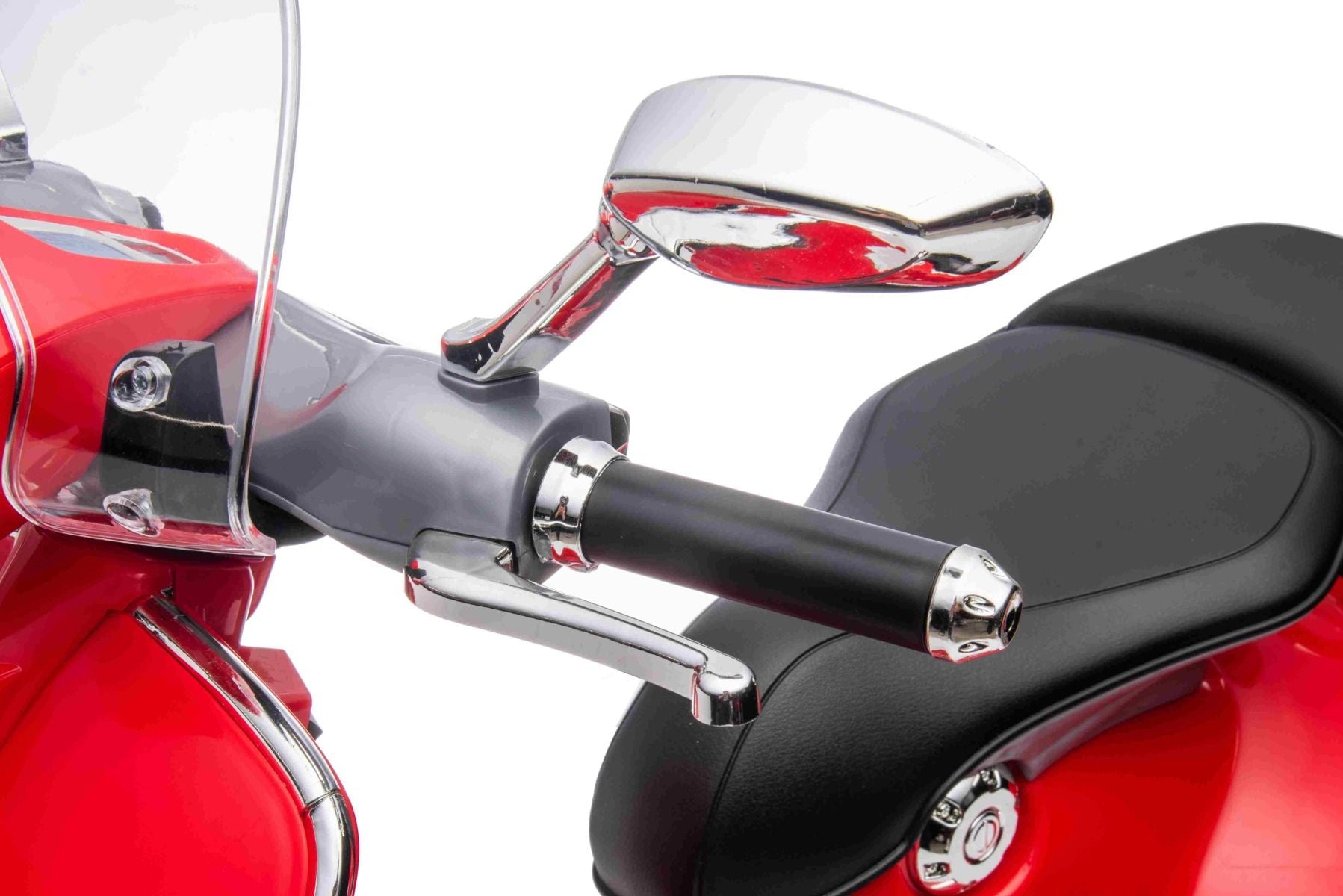 Scooter électrique porteur Vespa 946 avec marche arrière, rouge, Autorisé, roues auxiliaires, Batterie au lithium, 2x Moteurs 30W, Siège en cuir, Lecteur MP3 avec entrée USB