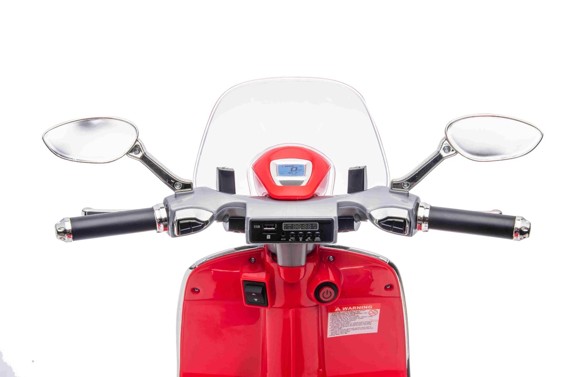 Scooter électrique porteur Vespa 946 avec marche arrière, rouge, Autorisé, roues auxiliaires, Batterie au lithium, 2x Moteurs 30W, Siège en cuir, Lecteur MP3 avec entrée USB