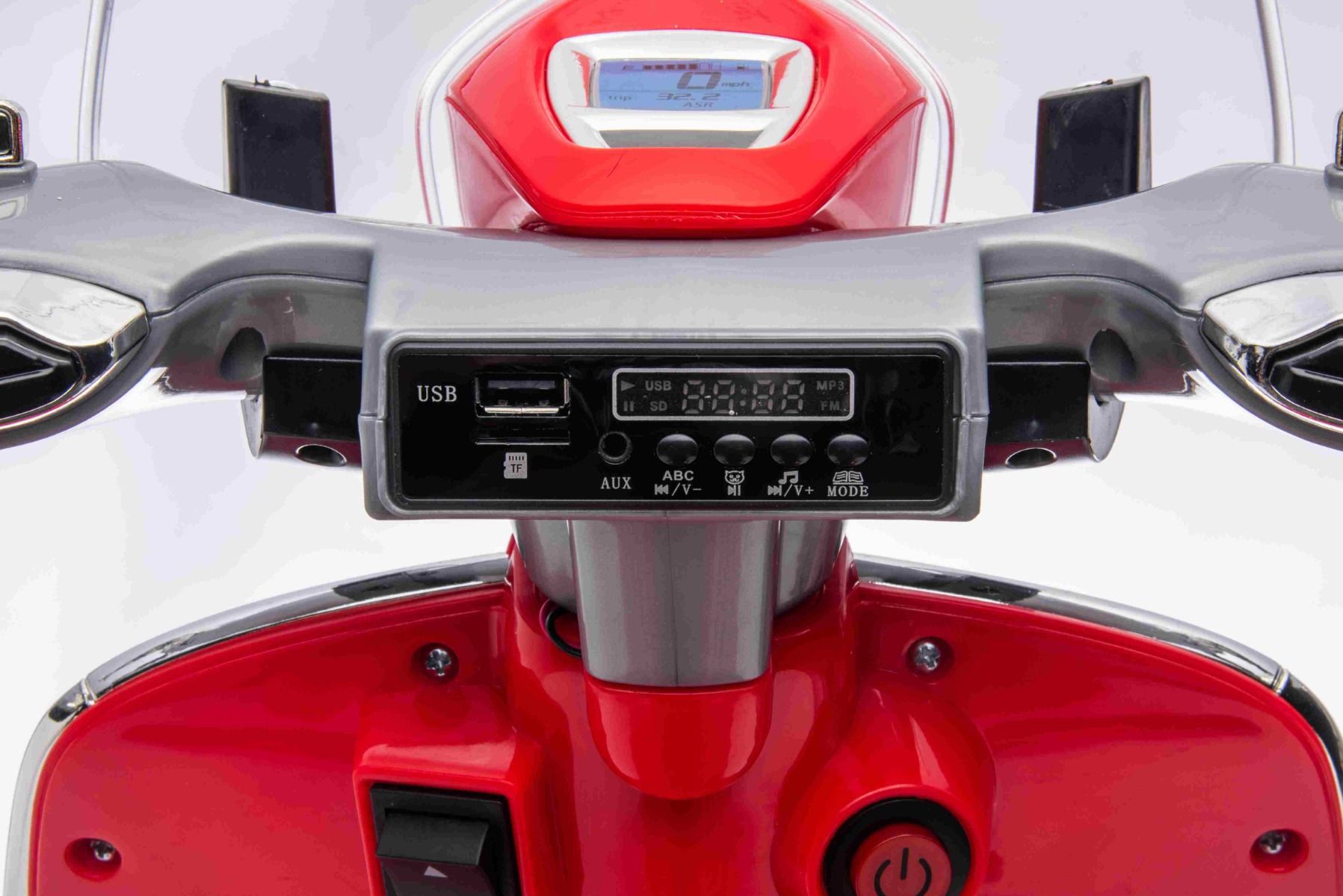 Scooter électrique porteur Vespa 946 avec marche arrière, rouge, Autorisé, roues auxiliaires, Batterie au lithium, 2x Moteurs 30W, Siège en cuir, Lecteur MP3 avec entrée USB
