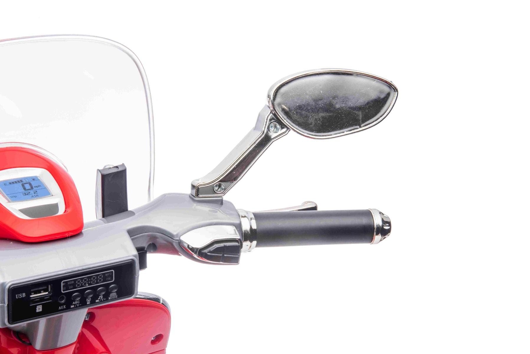 Scooter électrique porteur Vespa 946 avec marche arrière, rouge, Autorisé, roues auxiliaires, Batterie au lithium, 2x Moteurs 30W, Siège en cuir, Lecteur MP3 avec entrée USB