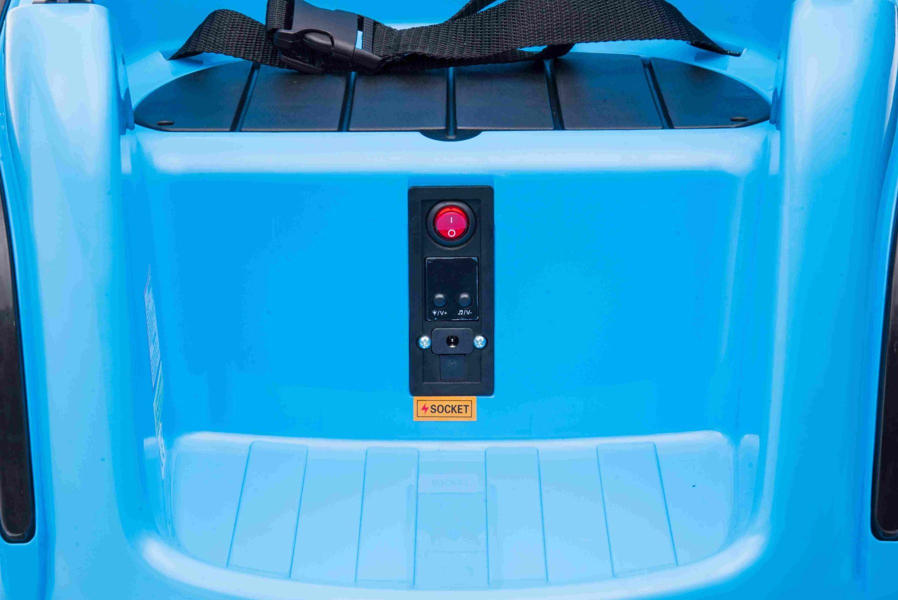 Porteur électrique RIRIDRIVE 12V bleu, adapté pour une utilisation intérieure et extérieure, Télécommande 2,4 Ghz, Eclairage LED, Commande par joystick, Moteur 2 X 15W