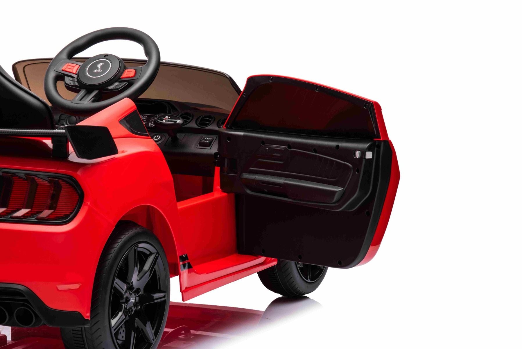 Voiture électrique à conducteur porté Ford Shelby Mustang GT 500 Cobra, Rouge, Télécommande 2,4 GHz, Entrée USB, Lumières LED, Moteur 2 x 30W, Licence ORIGINALE