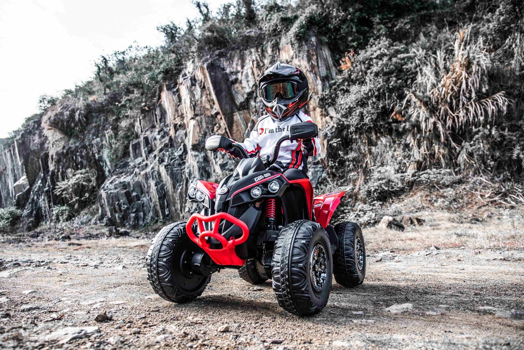 Quad electric enfants 12V, Can-am Renegade, rouge, voiture electrique enfants 12V, lumières LED, batterie 12V, moteurs 2 x 35W, roues souples en EVA, lecteur MP3 avec entrée USB/AUX, sous licence