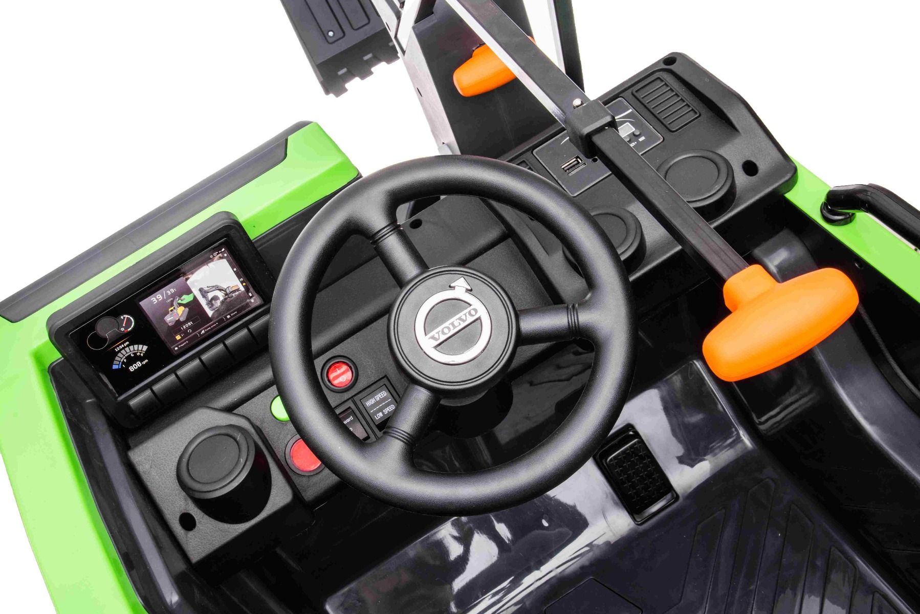 Voiture électrique enfants 12V Volvo Excavator, vert, moteur 2 x 35W, roues EVA, batterie 12V/14Ah, sous licence