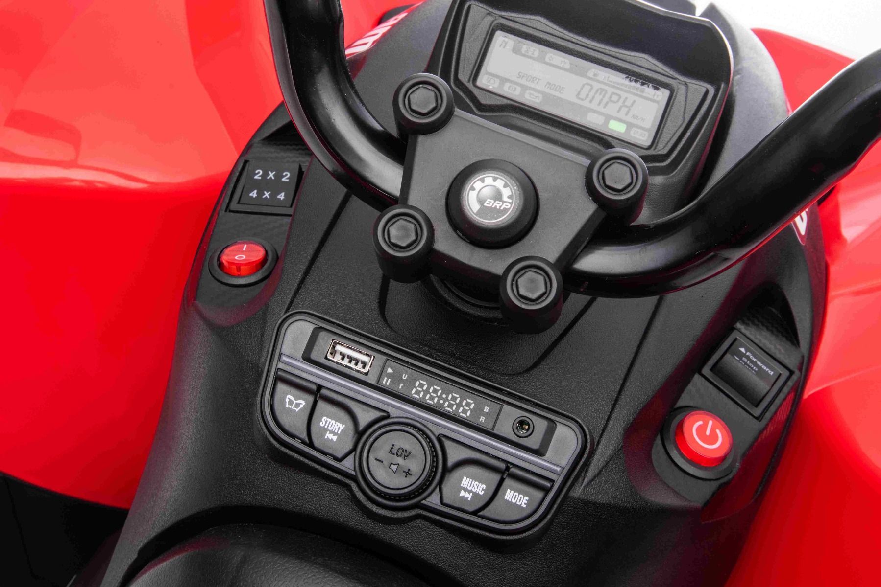 Quad electric enfants 12V, Can-am Renegade, rouge, voiture electrique enfants 12V, lumières LED, batterie 12V, moteurs 2 x 35W, roues souples en EVA, lecteur MP3 avec entrée USB/AUX, sous licence