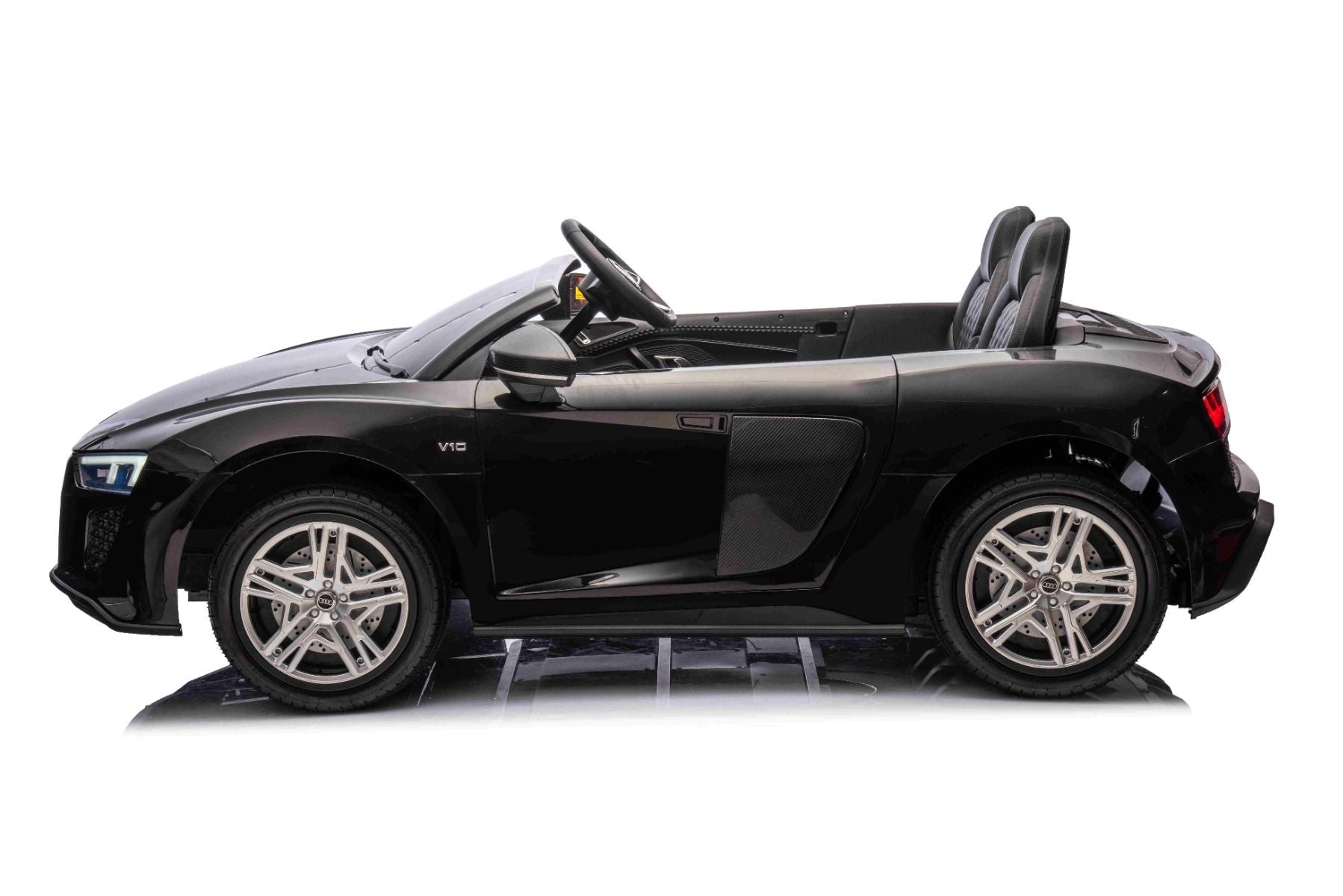 Voiture électrique enfants 24V 2 places Audi R8 SPYDER, noir, Lecteur MP3 avec USB/AUX et Bluetooth, Batterie 24V/14Ah, Moteurs 2 x 200W, Roues EVA avec suspension arrière, Sièges réglables en cuir, Télécommande, Licence