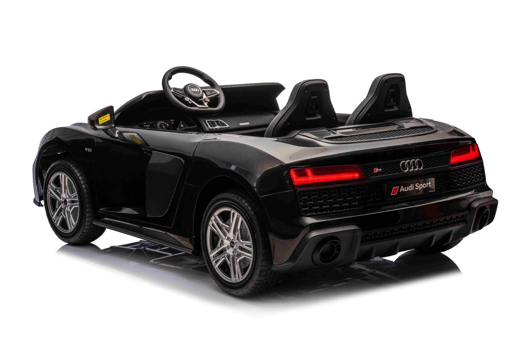 Voiture électrique enfants 24V 2 places Audi R8 SPYDER, noir, Lecteur MP3 avec USB/AUX et Bluetooth, Batterie 24V/14Ah, Moteurs 2 x 200W, Roues EVA avec suspension arrière, Sièges réglables en cuir, Télécommande, Licence