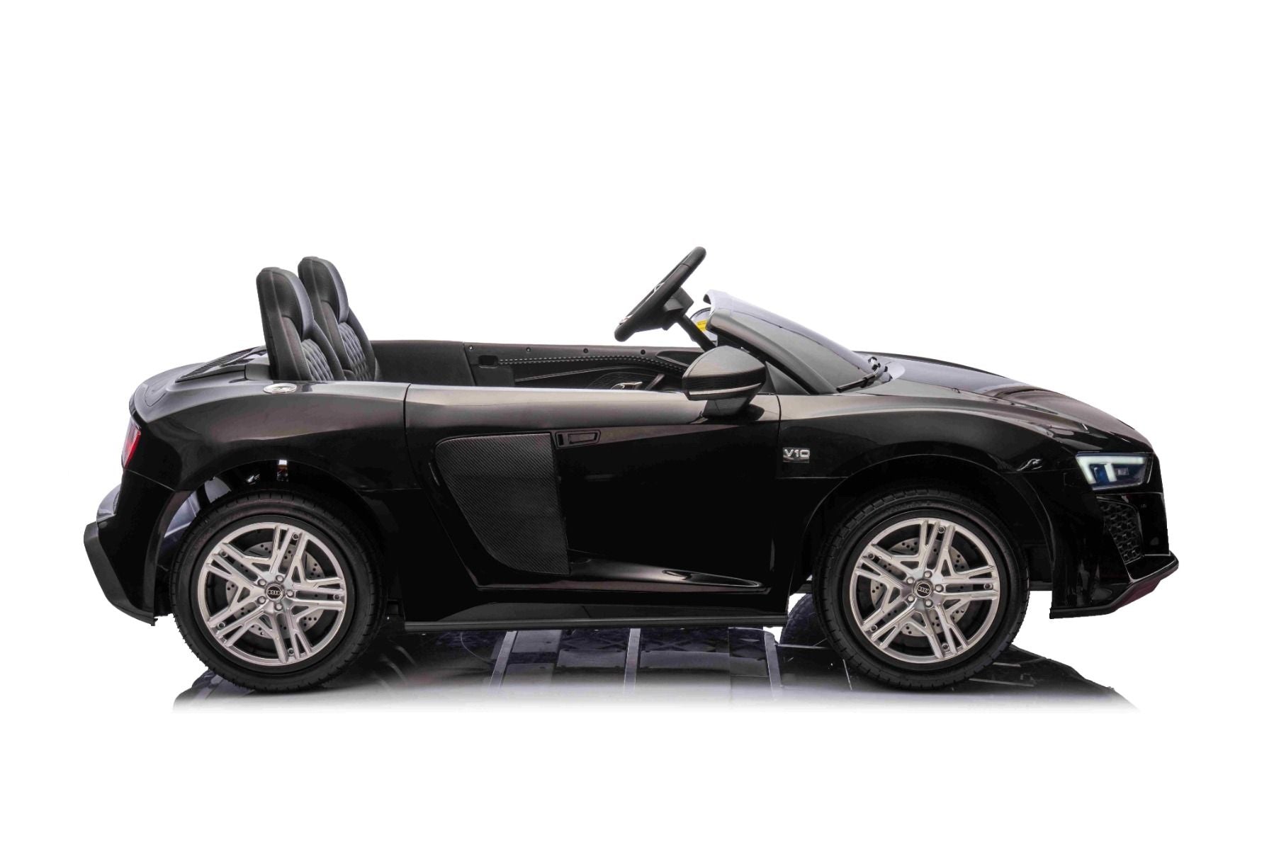 Voiture électrique enfants 24V 2 places Audi R8 SPYDER, noir, Lecteur MP3 avec USB/AUX et Bluetooth, Batterie 24V/14Ah, Moteurs 2 x 200W, Roues EVA avec suspension arrière, Sièges réglables en cuir, Télécommande, Licence