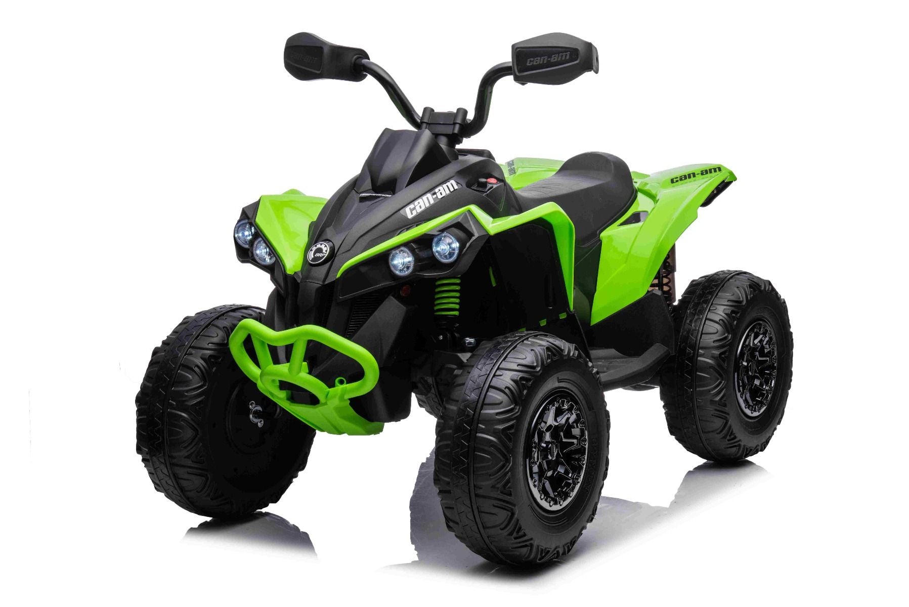 Quad electric enfants 12V, Can-am Renegade, vert, voiture electrique enfants 12V, lumières LED, batterie 12V, moteurs 2 x 35W, roues souples en EVA, lecteur MP3 avec entrée USB/AUX, sous licence