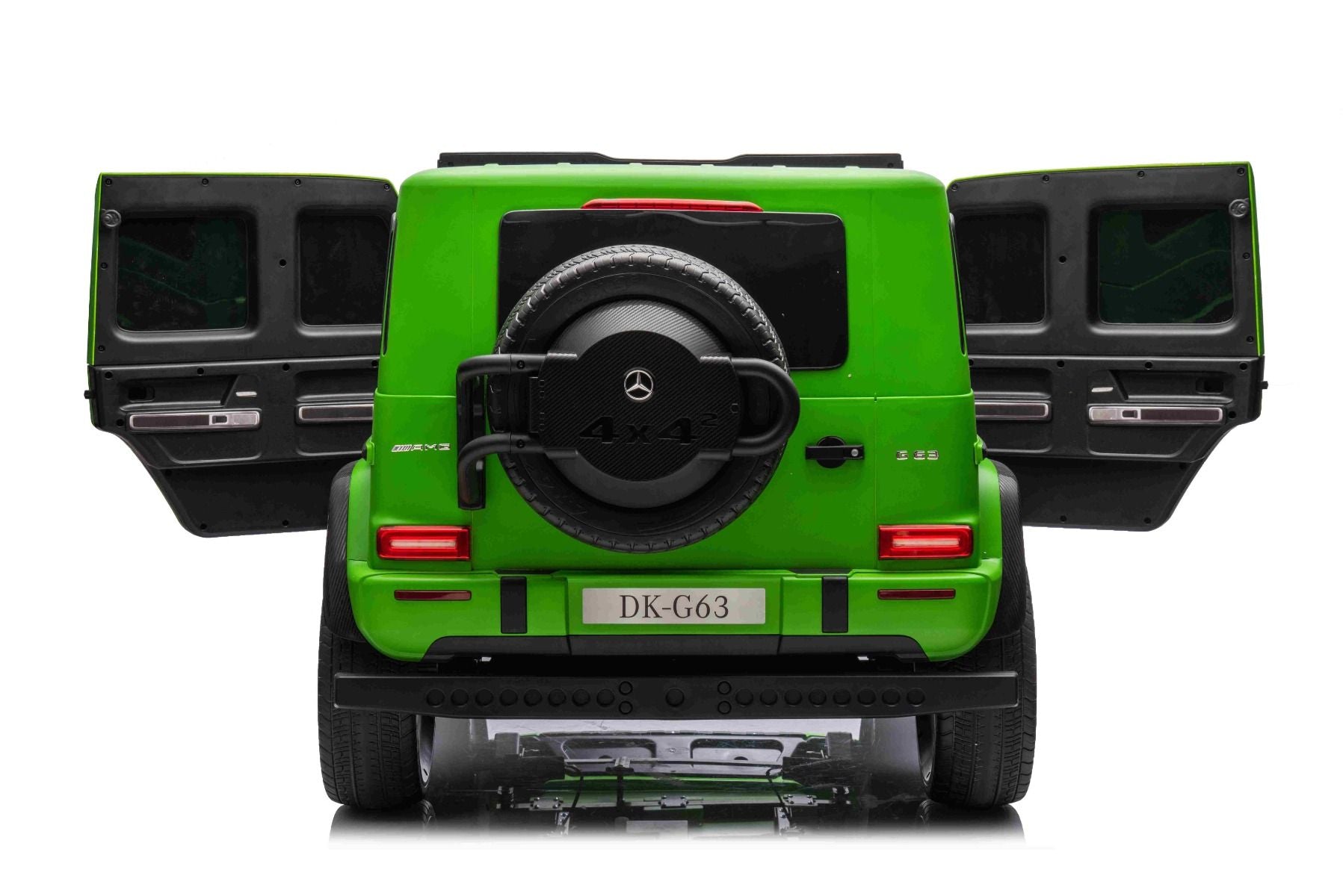 Voiture électrique à conducteur porté Mercedes-Benz G63 AMG 4x4² Biplace 24V, Peinte en verte, Lecteur MP4 avec entrée USB/AUX, Lecteur 4x4, Batterie 24V/7Ah, 4 moteurs 200W, Roues EVA avec suspension, Sièges en similicuir, Télécommande , Licence
