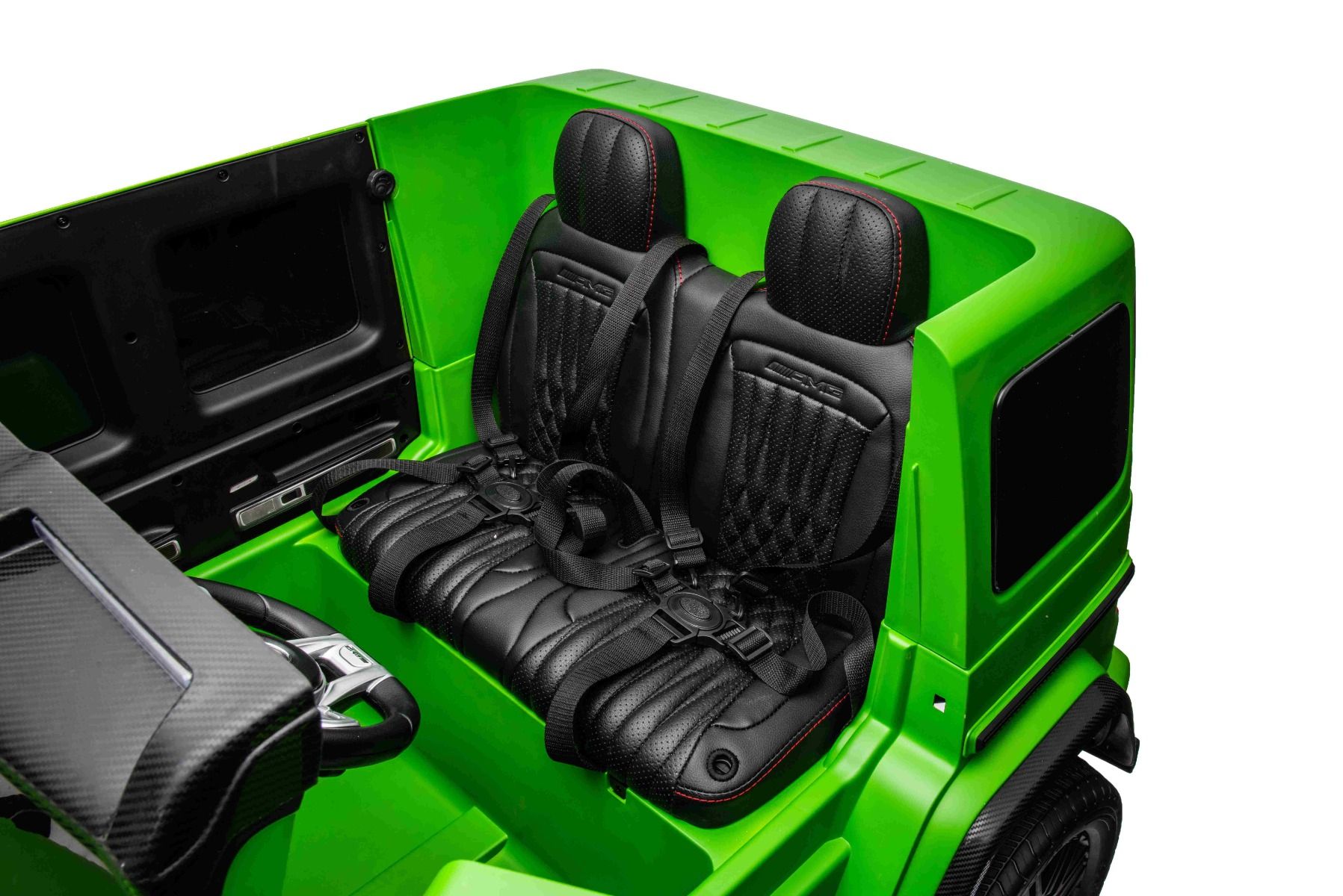 Voiture électrique à conducteur porté Mercedes-Benz G63 AMG 4x4² Biplace 24V, Peinte en verte, Lecteur MP4 avec entrée USB/AUX, Lecteur 4x4, Batterie 24V/7Ah, 4 moteurs 200W, Roues EVA avec suspension, Sièges en similicuir, Télécommande , Licence