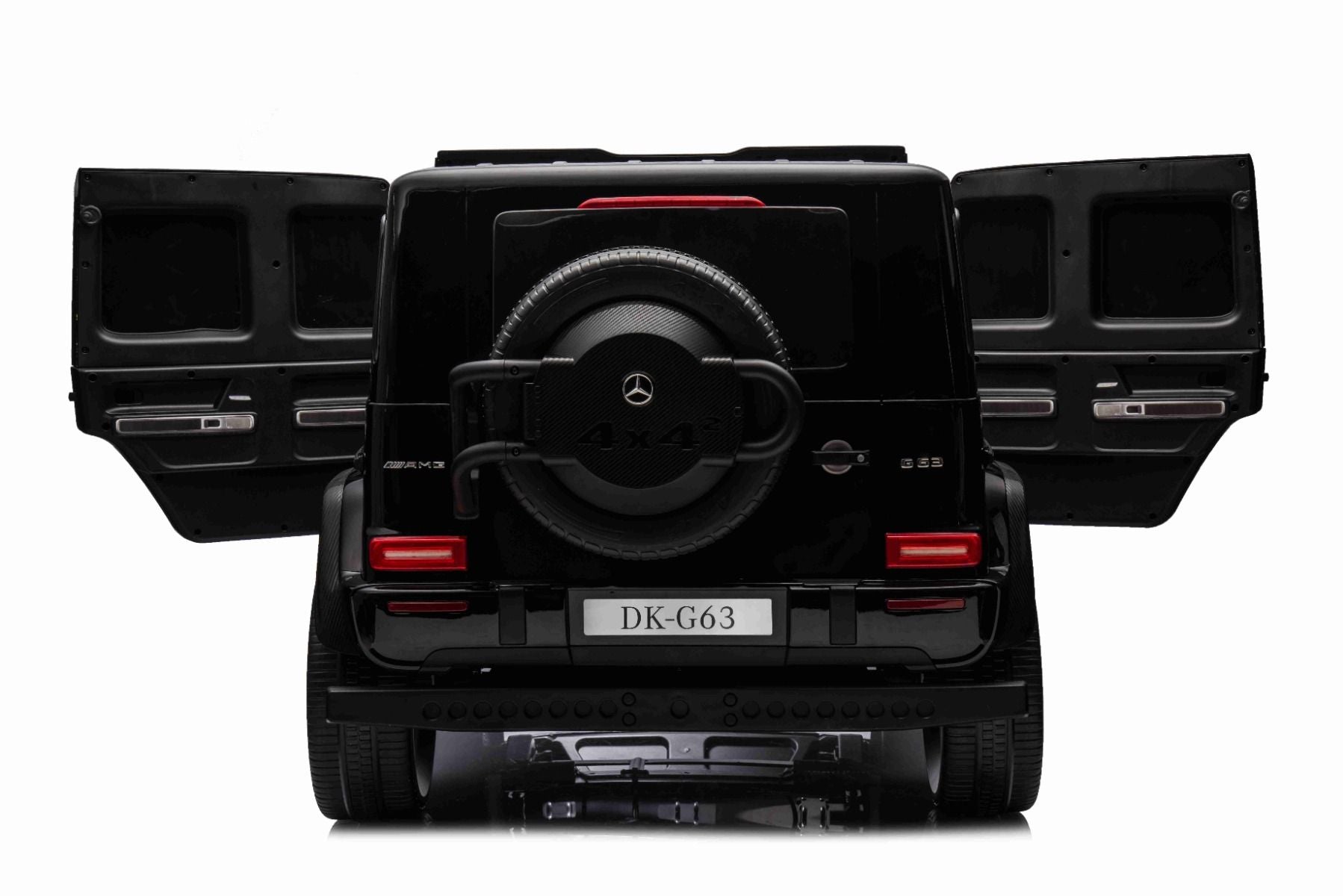 Voiture électrique à conducteur porté Mercedes-Benz G63 AMG 4x4² Biplace 24V, Peinte en noir, Lecteur MP4 avec entrée USB/AUX, Lecteur 4x4, Batterie 24V/7Ah, 4 moteurs 200W, Roues EVA avec suspension, Sièges en similicuir, Télécommande , Licence