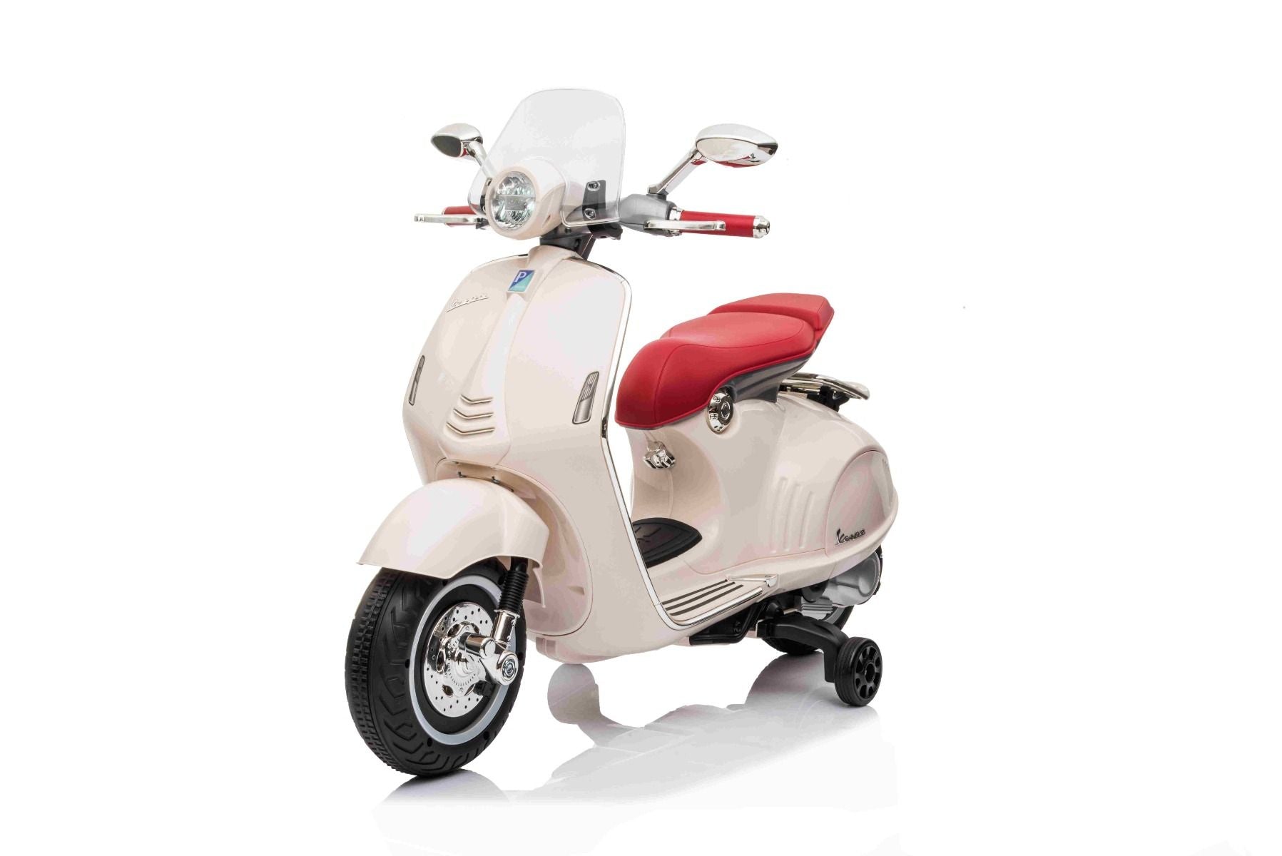 Scooter électrique porteur Vespa 946 avec marche arrière, blanc, Autorisé, roues auxiliaires, Batterie au lithium, 2x Moteurs 30W, Siège en cuir, Lecteur MP3 avec entrée USB
