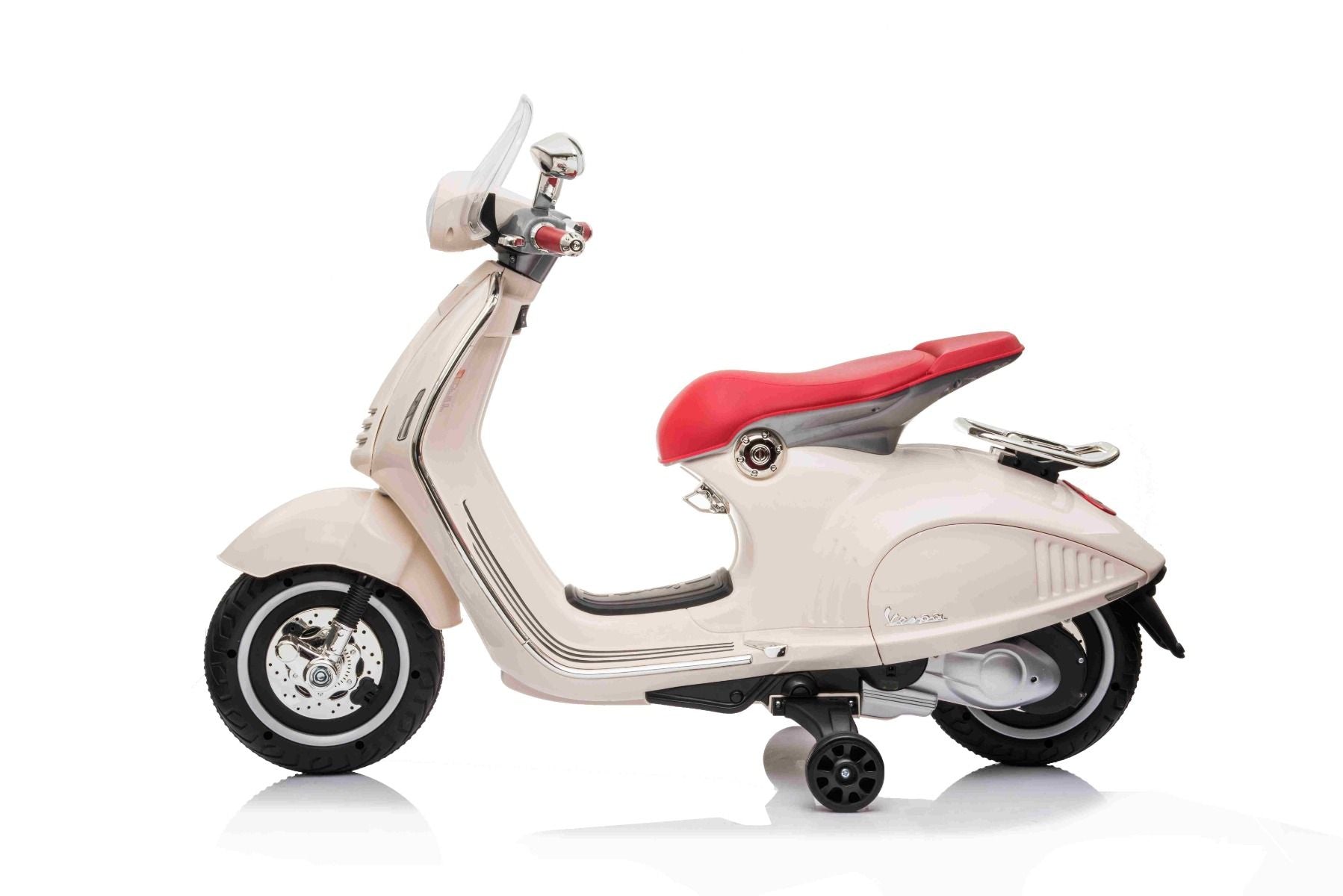 Scooter électrique porteur Vespa 946 avec marche arrière, blanc, Autorisé, roues auxiliaires, Batterie au lithium, 2x Moteurs 30W, Siège en cuir, Lecteur MP3 avec entrée USB