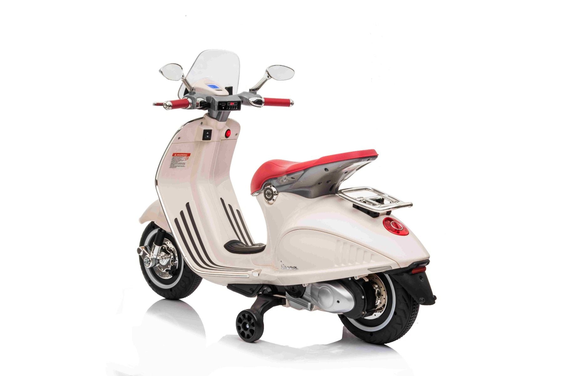 Scooter électrique porteur Vespa 946 avec marche arrière, blanc, Autorisé, roues auxiliaires, Batterie au lithium, 2x Moteurs 30W, Siège en cuir, Lecteur MP3 avec entrée USB