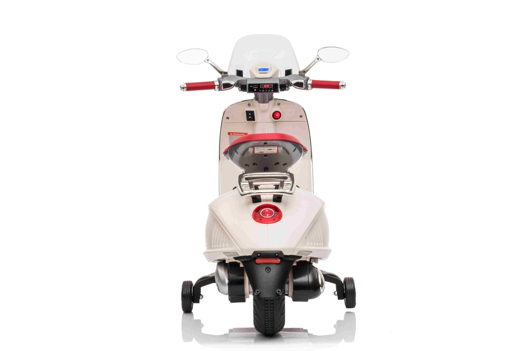 Scooter électrique porteur Vespa 946 avec marche arrière, blanc, Autorisé, roues auxiliaires, Batterie au lithium, 2x Moteurs 30W, Siège en cuir, Lecteur MP3 avec entrée USB