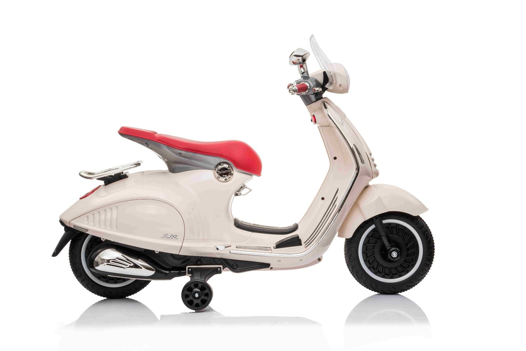 Scooter électrique porteur Vespa 946 avec marche arrière, blanc, Autorisé, roues auxiliaires, Batterie au lithium, 2x Moteurs 30W, Siège en cuir, Lecteur MP3 avec entrée USB