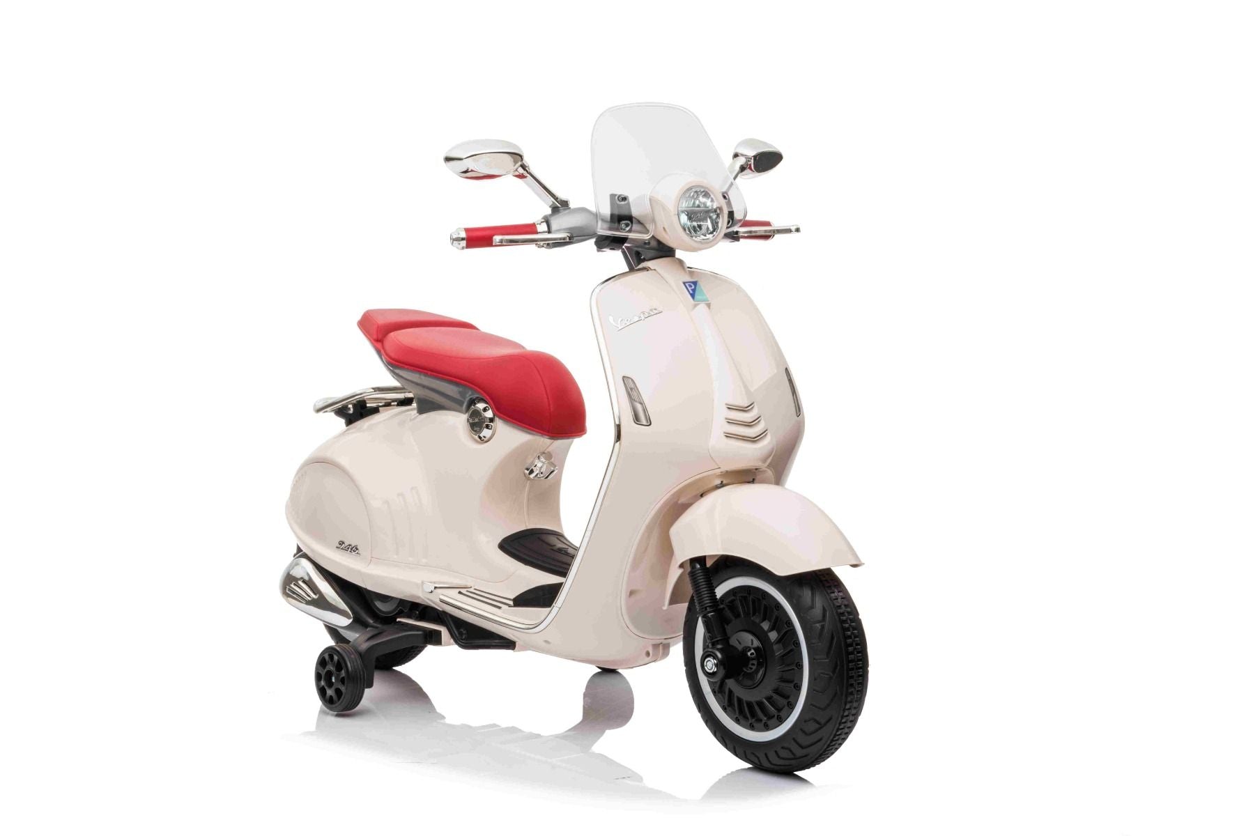 Scooter électrique porteur Vespa 946 avec marche arrière, blanc, Autorisé, roues auxiliaires, Batterie au lithium, 2x Moteurs 30W, Siège en cuir, Lecteur MP3 avec entrée USB