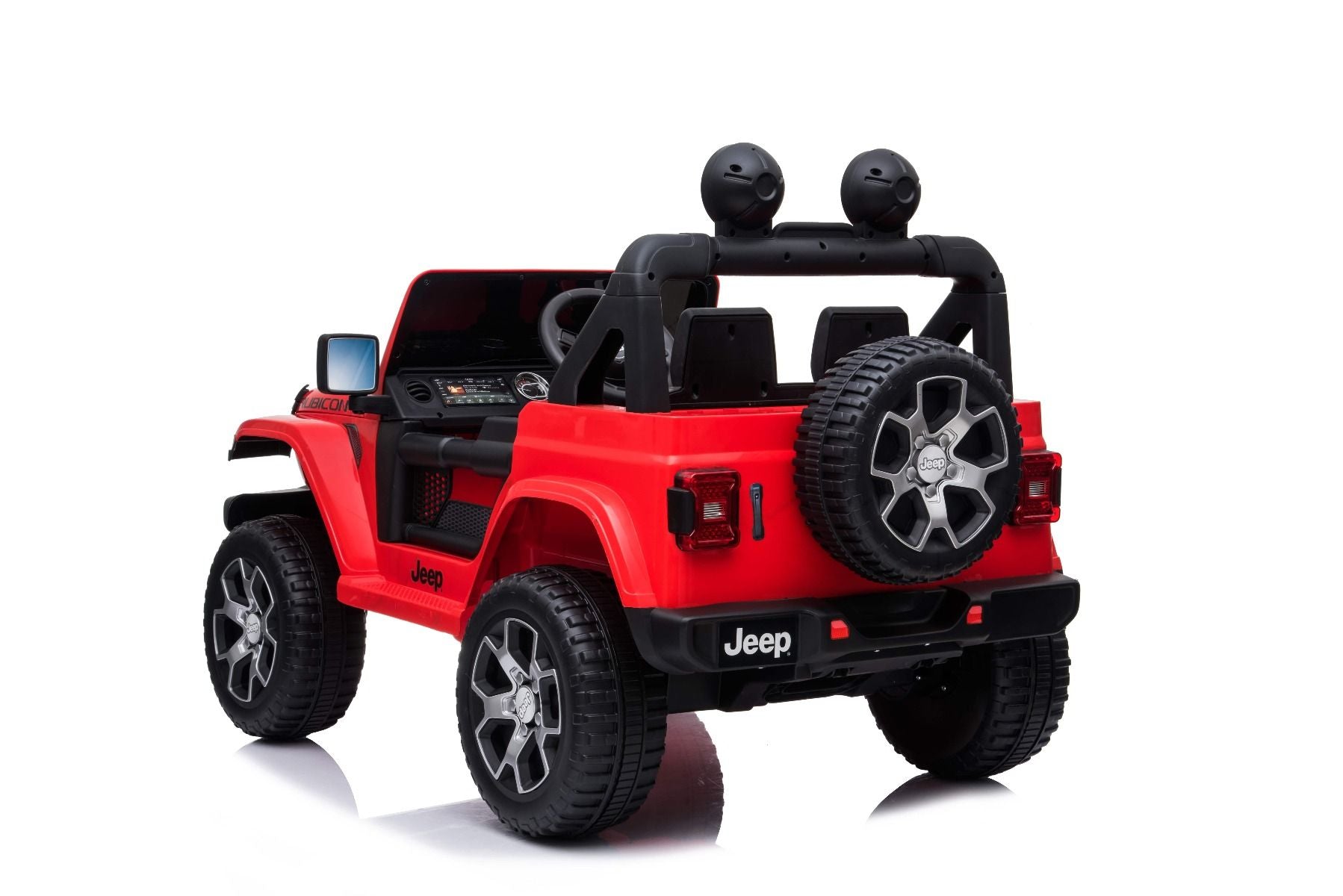 4x4 Voiture electrique enfant 12V JEEP Wrangler, rouge, Siège double en similicuir, Radio avec entrée Bluetooth et USB, Transmission 4x4, Batterie 12V10Ah, Roues EVA, Essieux de suspension, Télécommande 2,4 GHz, Licence