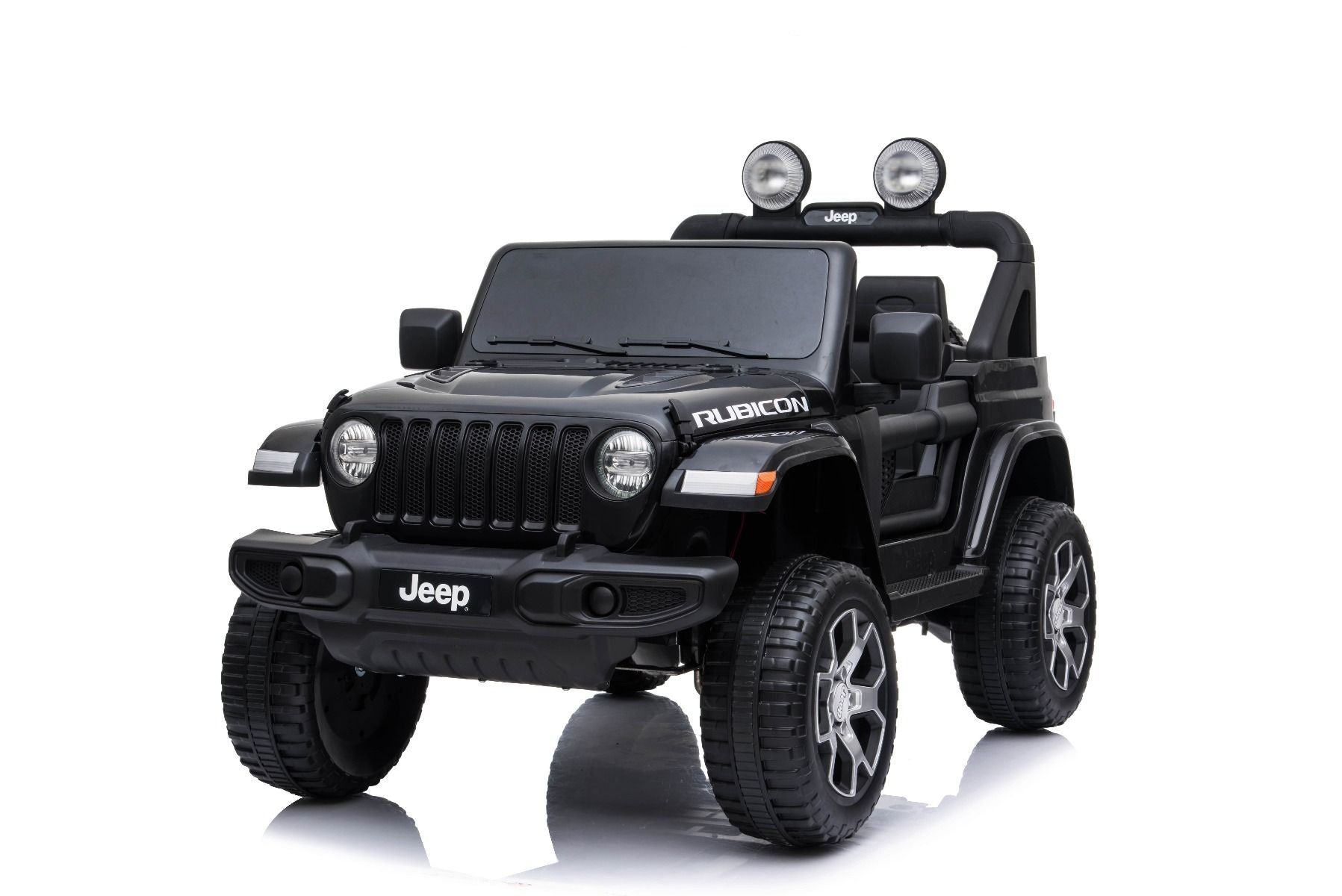 4x4 Voiture electrique enfant 12V JEEP Wrangler, noir, Siège double en similicuir, Radio avec entrée Bluetooth et USB, Transmission 4x4, Batterie 12V10Ah, Roues EVA, Suspension de l'essieu arrière, Télécommande 2,4 GHz, Licence