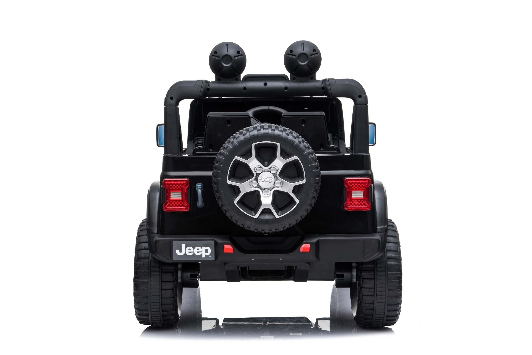 4x4 Voiture electrique enfant 12V JEEP Wrangler, noir, Siège double en similicuir, Radio avec entrée Bluetooth et USB, Transmission 4x4, Batterie 12V10Ah, Roues EVA, Suspension de l'essieu arrière, Télécommande 2,4 GHz, Licence