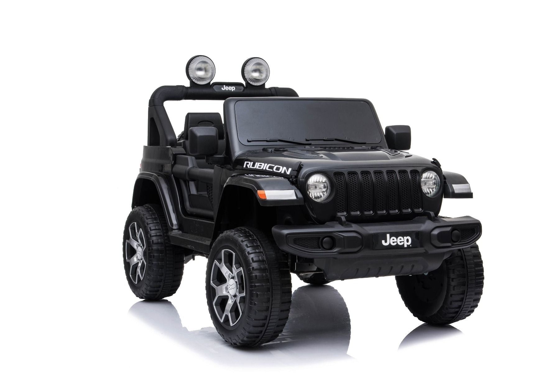 4x4 Voiture electrique enfant 12V JEEP Wrangler, noir, Siège double en similicuir, Radio avec entrée Bluetooth et USB, Transmission 4x4, Batterie 12V10Ah, Roues EVA, Suspension de l'essieu arrière, Télécommande 2,4 GHz, Licence