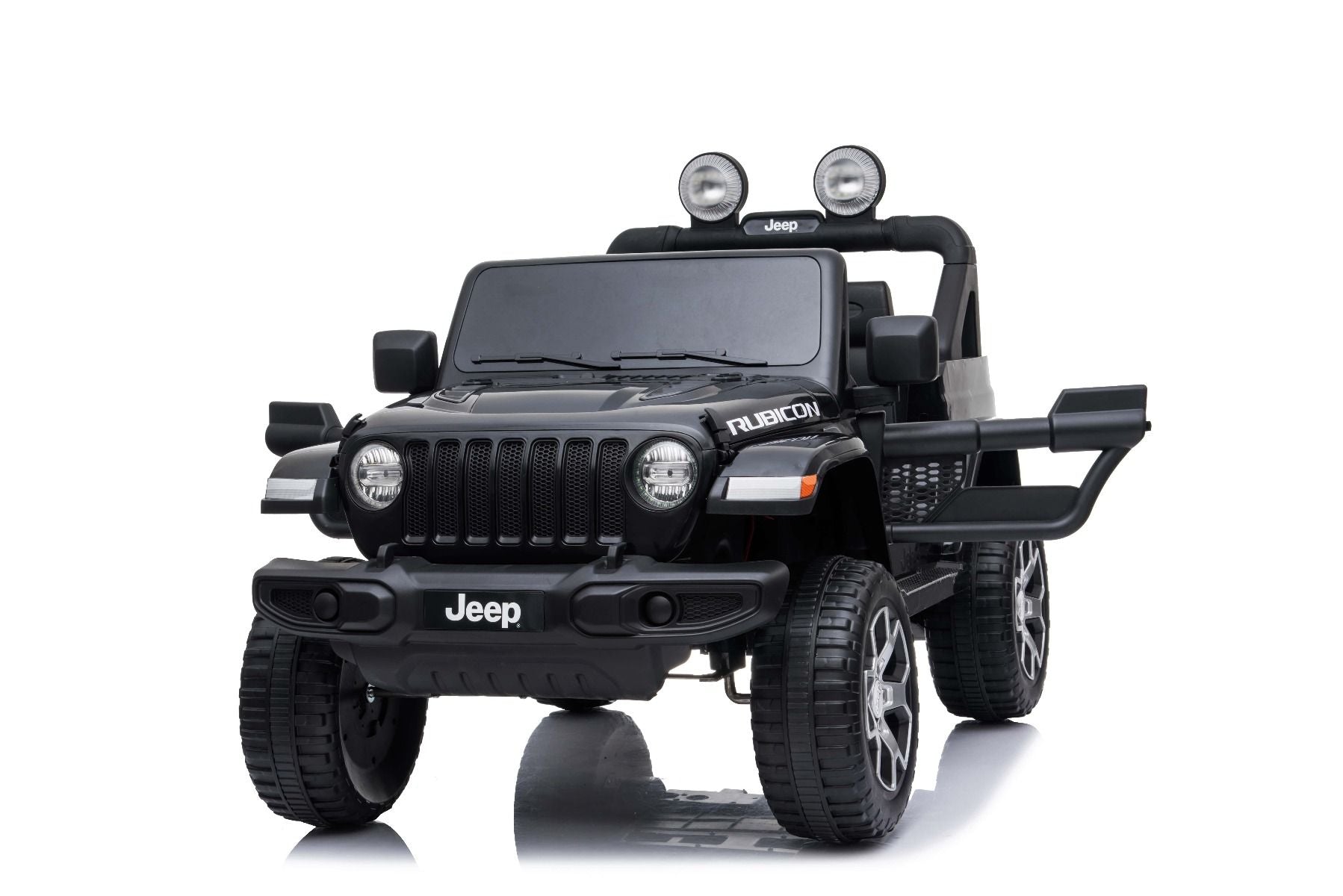 4x4 Voiture electrique enfant 12V JEEP Wrangler, noir, Siège double en similicuir, Radio avec entrée Bluetooth et USB, Transmission 4x4, Batterie 12V10Ah, Roues EVA, Suspension de l'essieu arrière, Télécommande 2,4 GHz, Licence