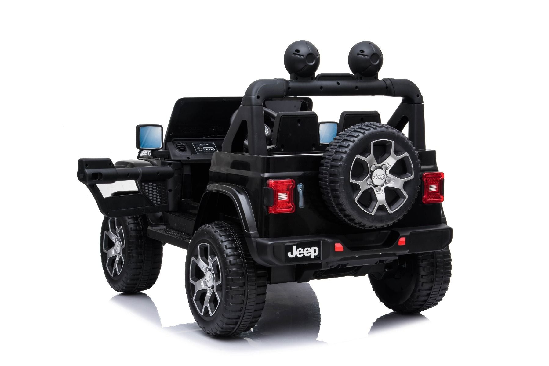 4x4 Voiture electrique enfant 12V JEEP Wrangler, noir, Siège double en similicuir, Radio avec entrée Bluetooth et USB, Transmission 4x4, Batterie 12V10Ah, Roues EVA, Suspension de l'essieu arrière, Télécommande 2,4 GHz, Licence