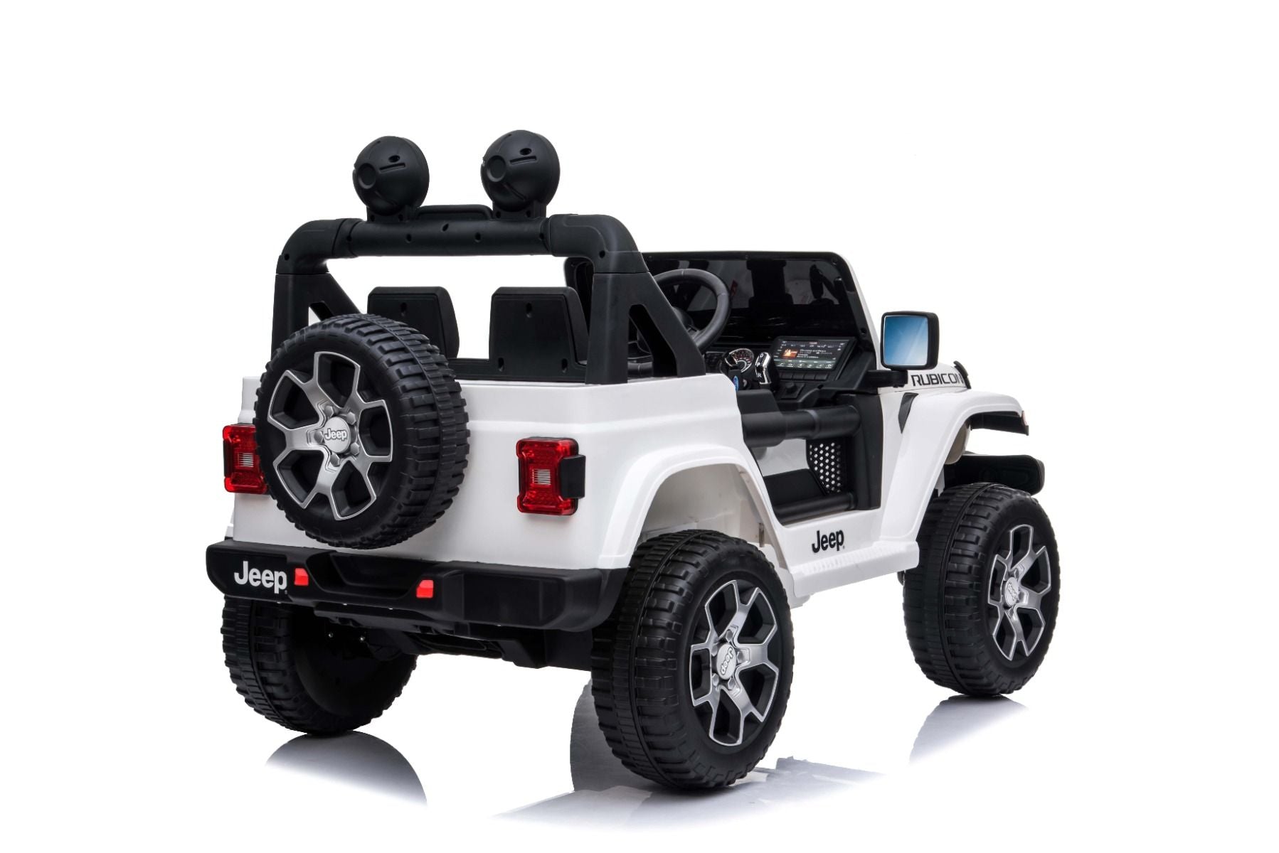 4x4 Voiture électrique pour enfants 12V JEEP Wrangler, Blanc, Siège double en similicuir, Radio avec entrée Bluetooth et USB, Transmission 4x4, Batterie au lithium, Roues EVA, Essieux de suspension, Télécommande 2,4 GHz, Licence