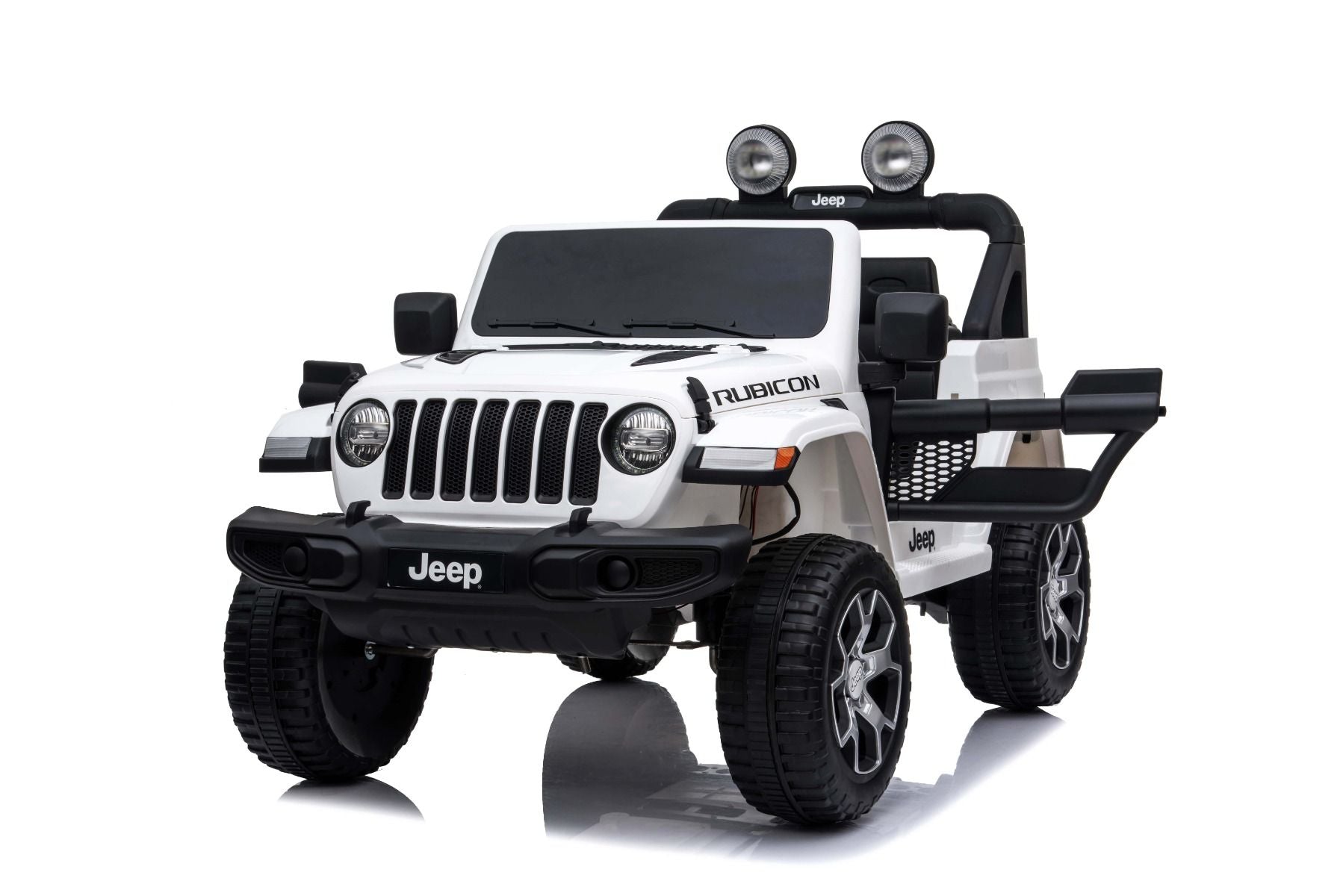 4x4 Voiture électrique pour enfants 12V JEEP Wrangler, Blanc, Siège double en similicuir, Radio avec entrée Bluetooth et USB, Transmission 4x4, Batterie au lithium, Roues EVA, Essieux de suspension, Télécommande 2,4 GHz, Licence