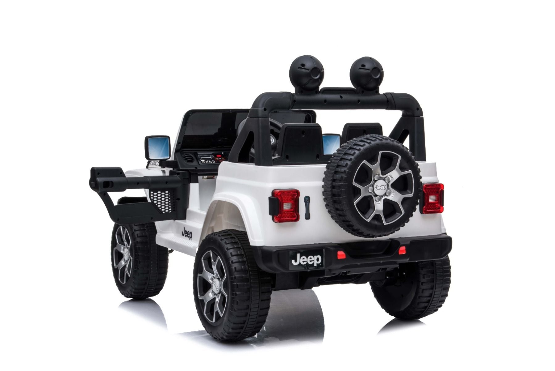 4x4 Voiture électrique pour enfants 12V JEEP Wrangler, Blanc, Siège double en similicuir, Radio avec entrée Bluetooth et USB, Transmission 4x4, Batterie au lithium, Roues EVA, Essieux de suspension, Télécommande 2,4 GHz, Licence
