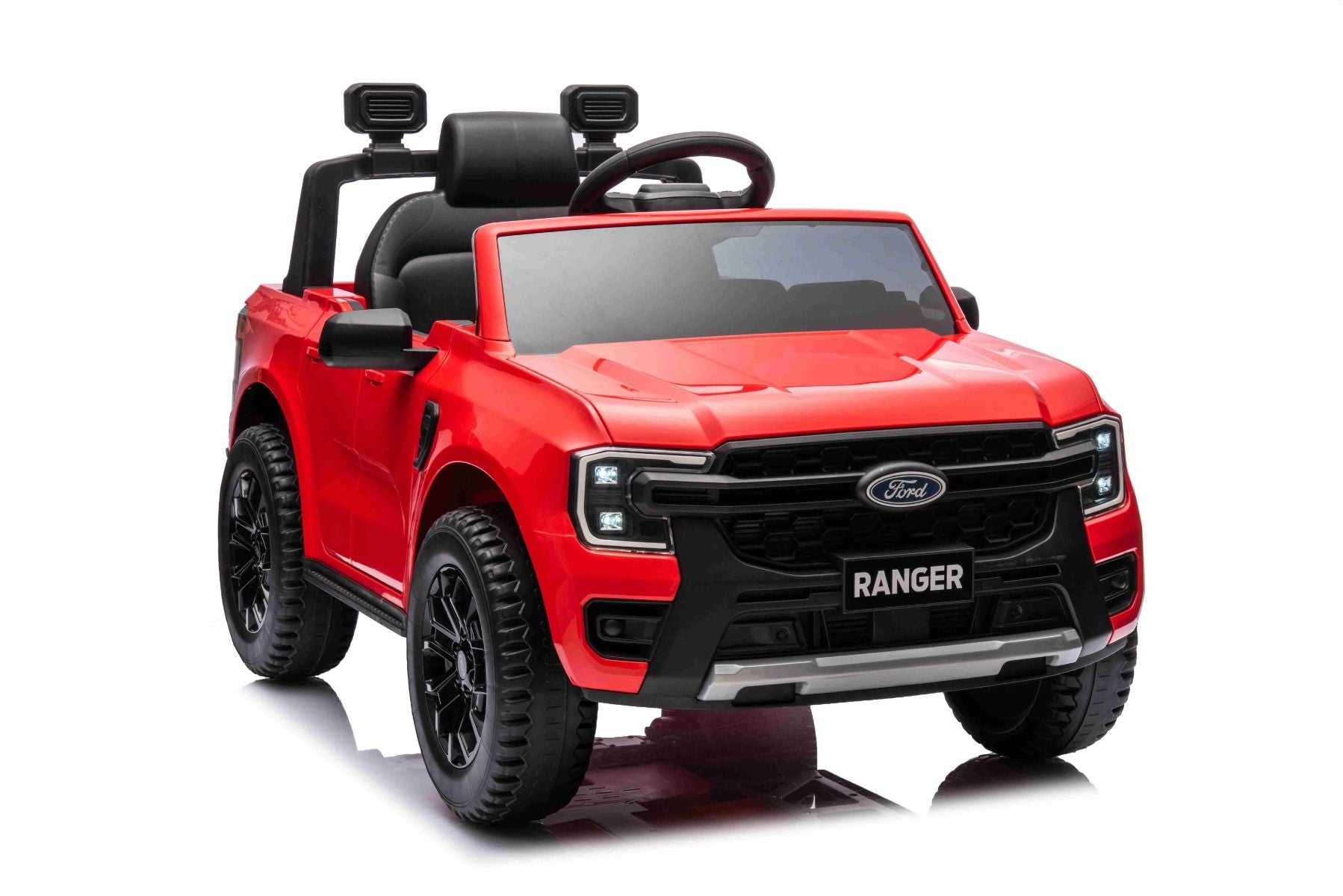 Voiture électrique FORD Ranger 12V, rouge, Siège en cuir, Télécommande 2,4 GHz, Entrée Bluetooth / USB, Suspension, Batterie 12V, Roues en plastique, Moteurs 2 X 30W, Licence ORIGINALE