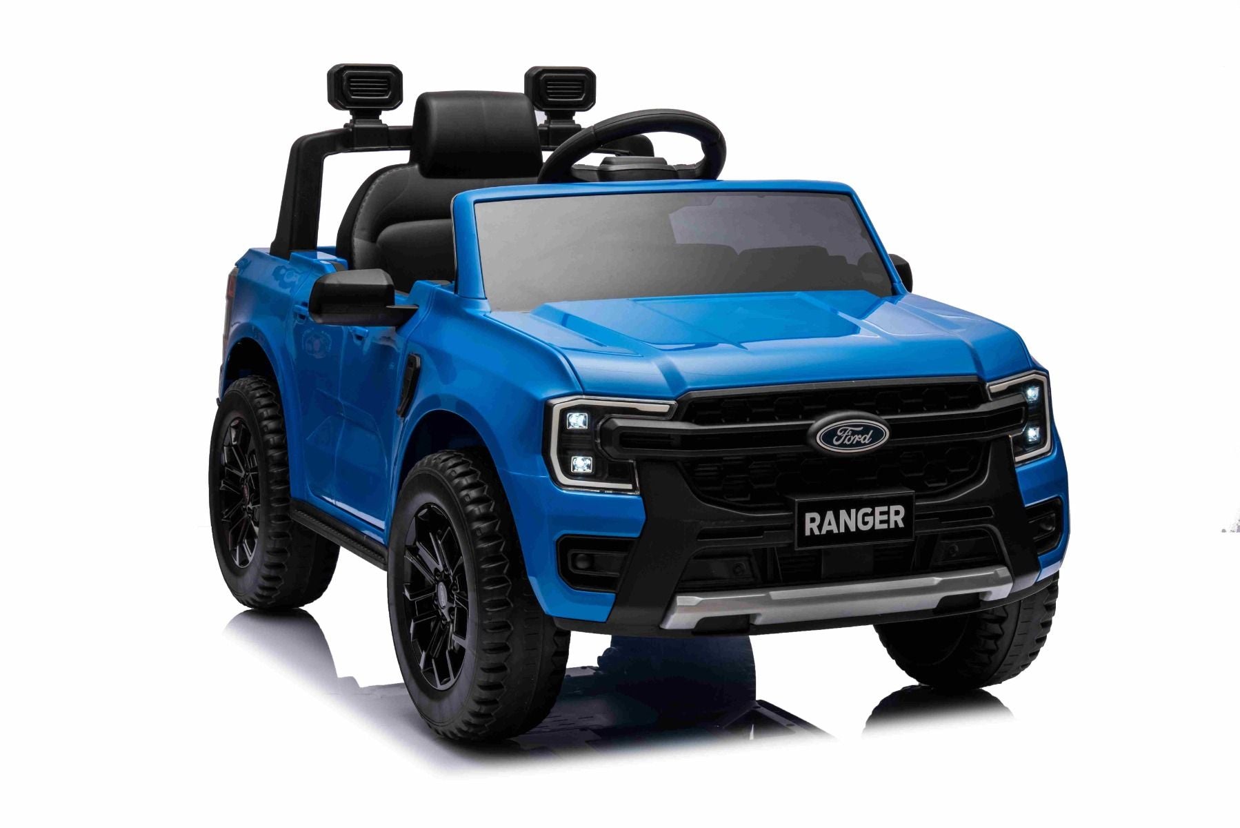 Voiture électrique FORD Ranger 12V, bleue, Siège en cuir, Télécommande 2,4 GHz, Entrée Bluetooth / USB, Suspension, Batterie 12V, Roues en plastique, Moteurs 2 X 30W, Licence ORIGINALE