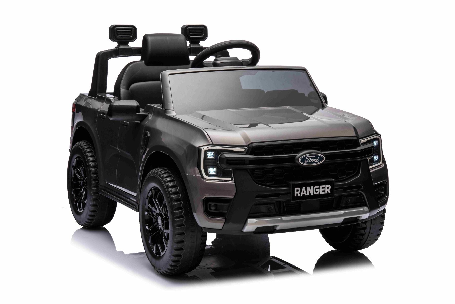 Voiture électrique FORD Ranger 12V, grise, Siège en cuir, Télécommande 2,4 GHz, Entrée Bluetooth / USB, Suspension, Batterie 12V, Roues en plastique, Moteurs 2 X 30W, Licence ORIGINALE