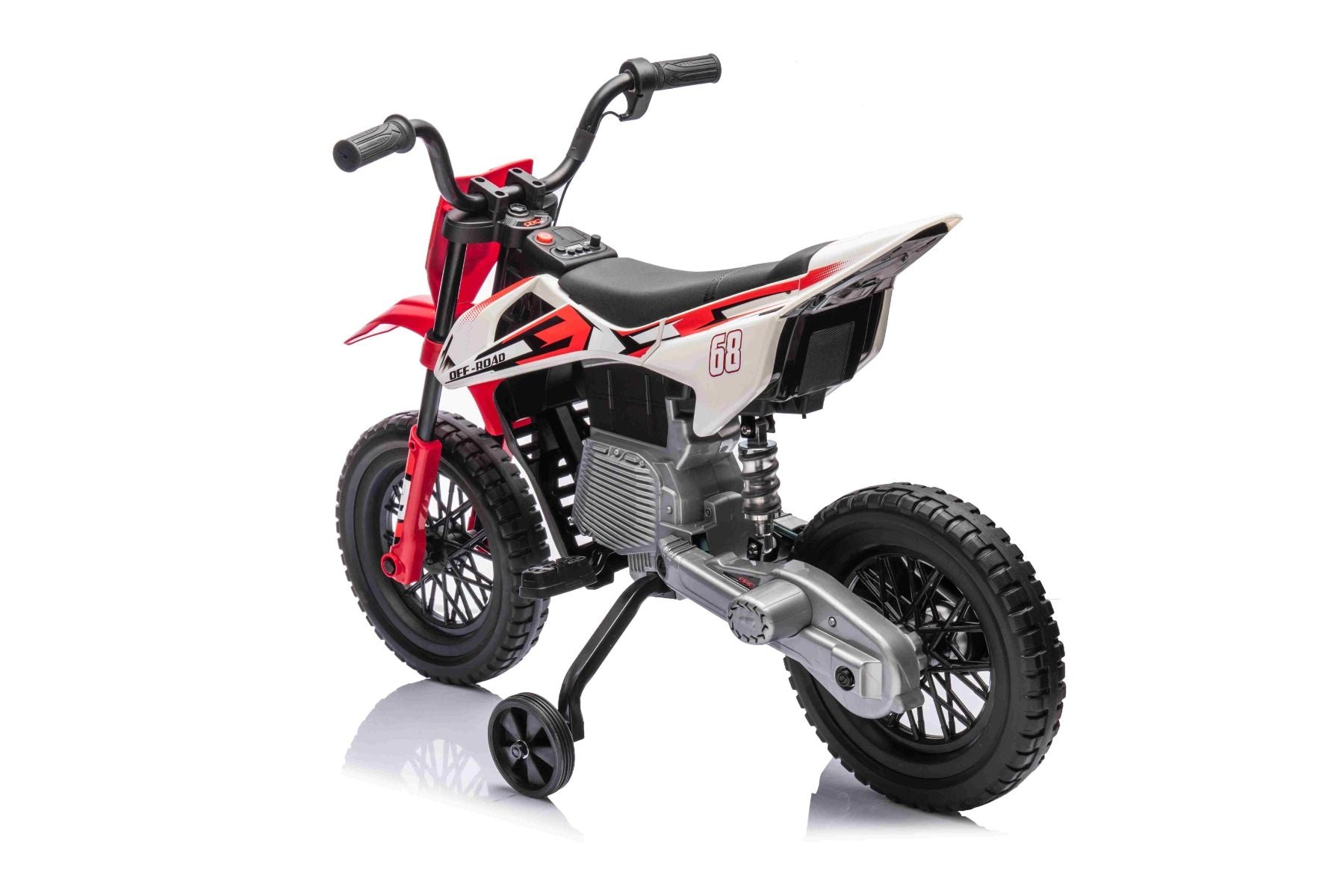 MOTOCROSS électrique pour enfants, Rouge, Batterie 12V, Roues souples EVA, Siège en cuir, Moteur 2 x 25W, Suspension, Cadre en métal, Lecteur MP3 avec Bluetooth, roues auxiliaires